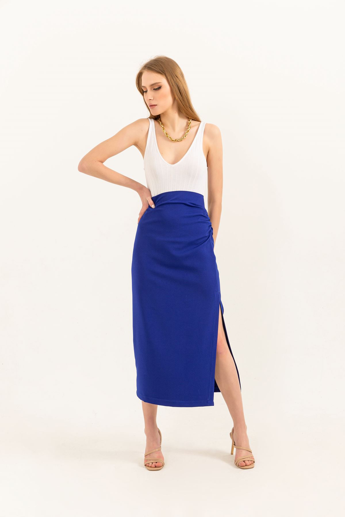 атлас ткань длинная женская юбка с разрезом-Ярко синий