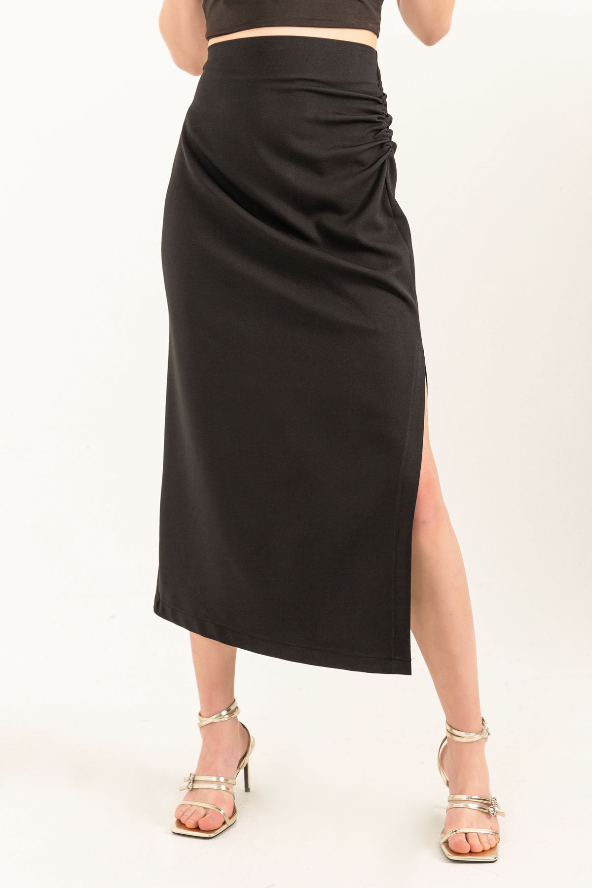 Atlas Fabric Long Shirred Slit Skirt-Black