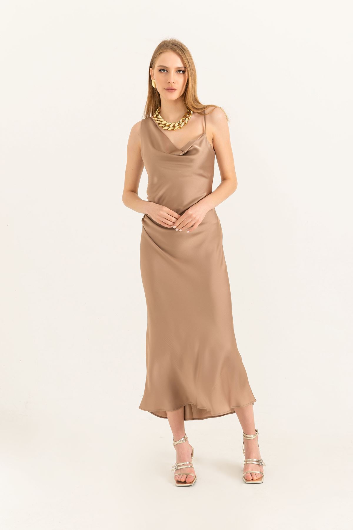 Satin Fabric Lapel Collar Women Dress-Mink