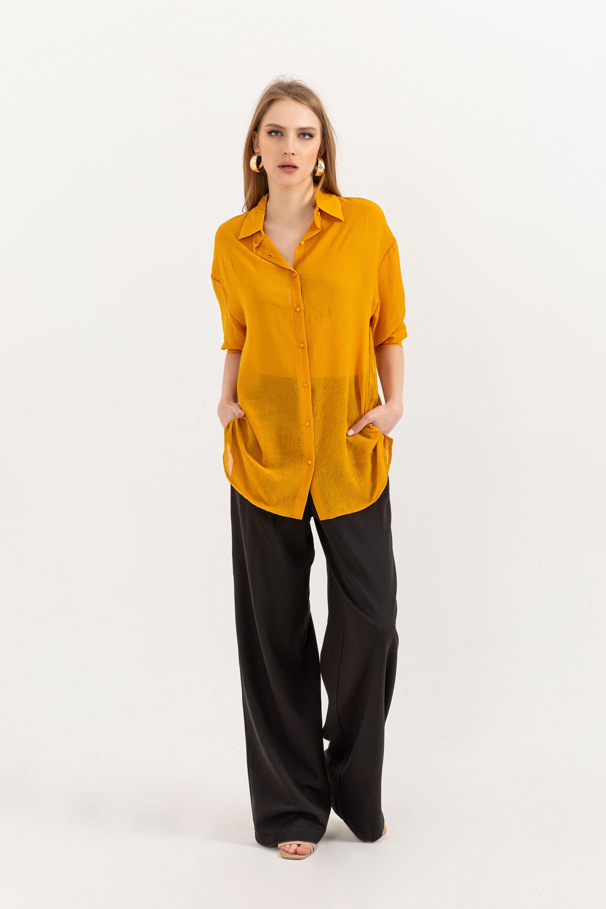 Chiffon Fabric Long Sleeve Oversize Women Shirt-Mustard