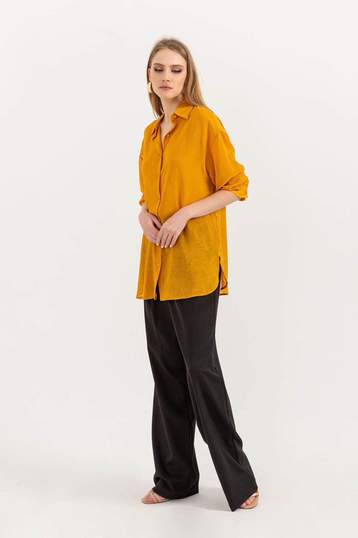 Chiffon Fabric Long Sleeve Oversize Women Shirt-Mustard