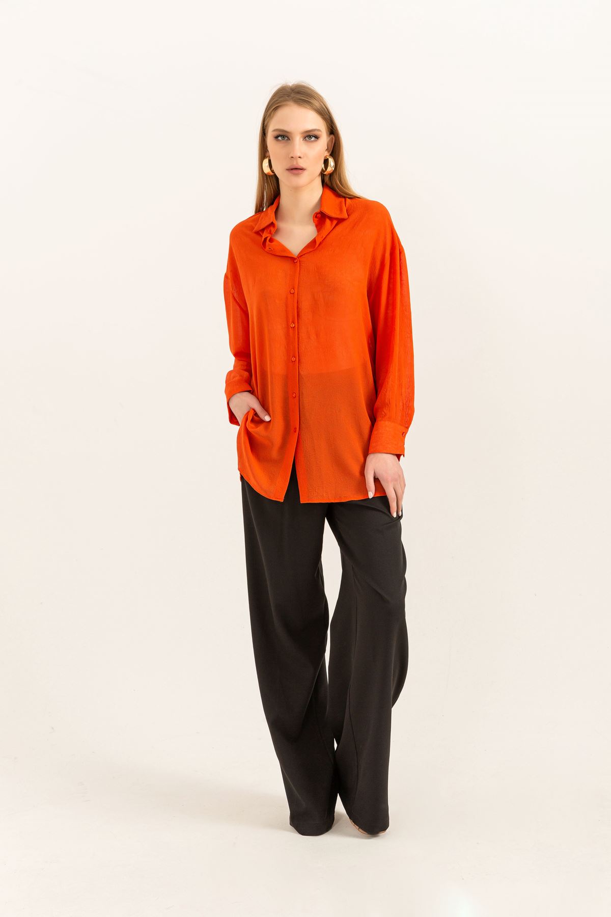 Chiffon Fabric Long Sleeve Oversize Women Shirt-Orange