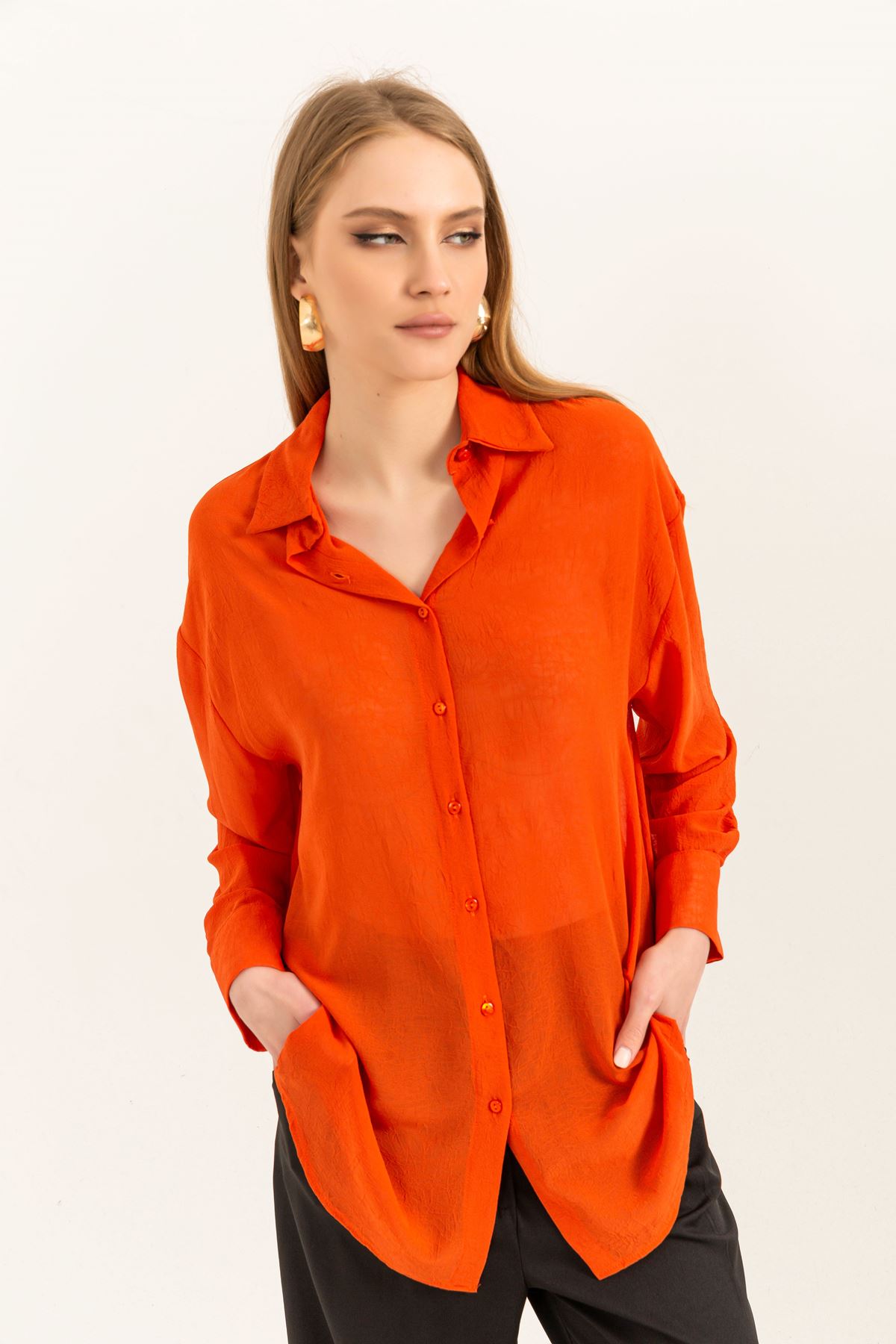 шифон ткань длинный рукав оверсайз женская рубашка-Оранжевый