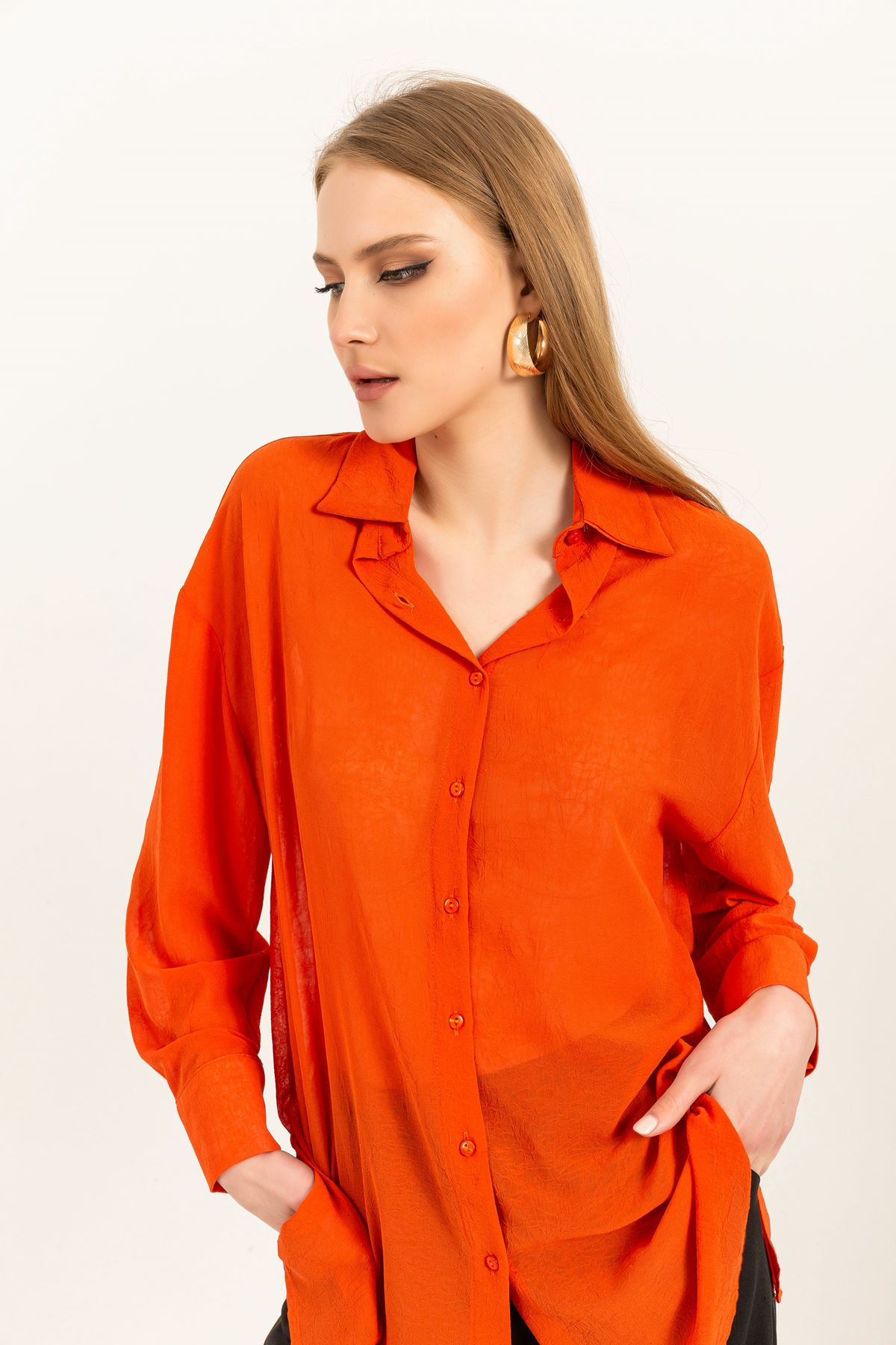 шифон ткань длинный рукав оверсайз женская рубашка-Оранжевый