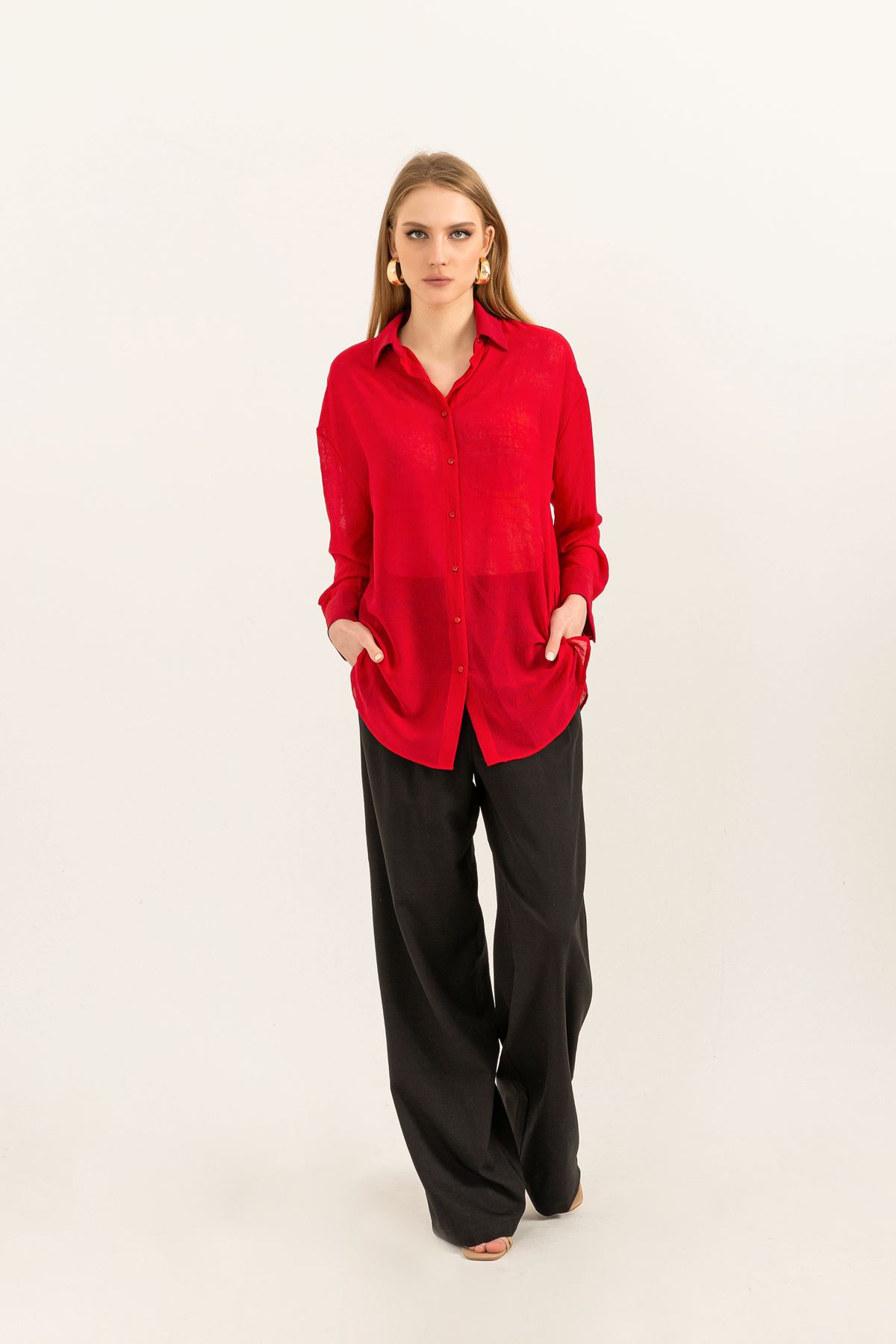 Chiffon Fabric Long Sleeve Oversize Women Shirt-Red