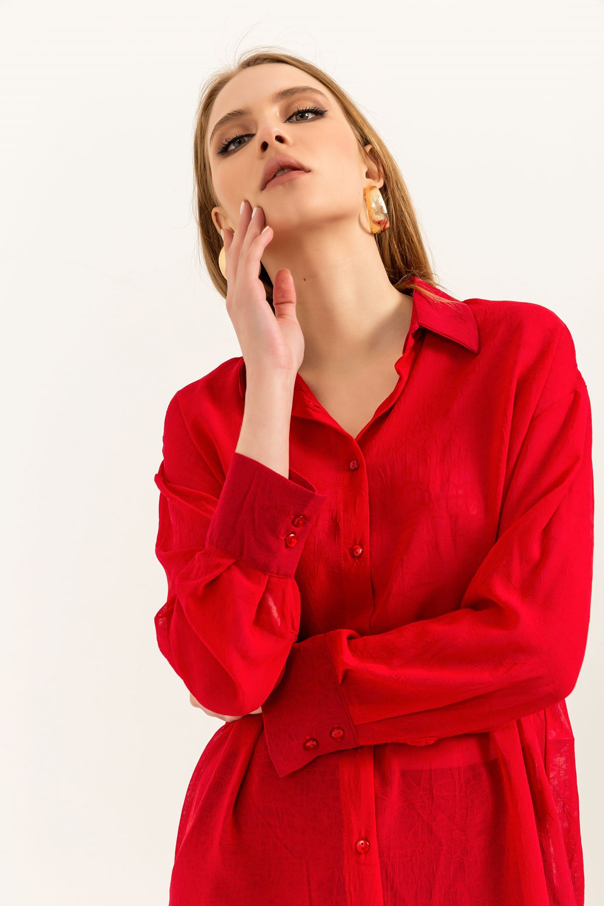 шифон ткань длинный рукав оверсайз женская рубашка-Kрасный