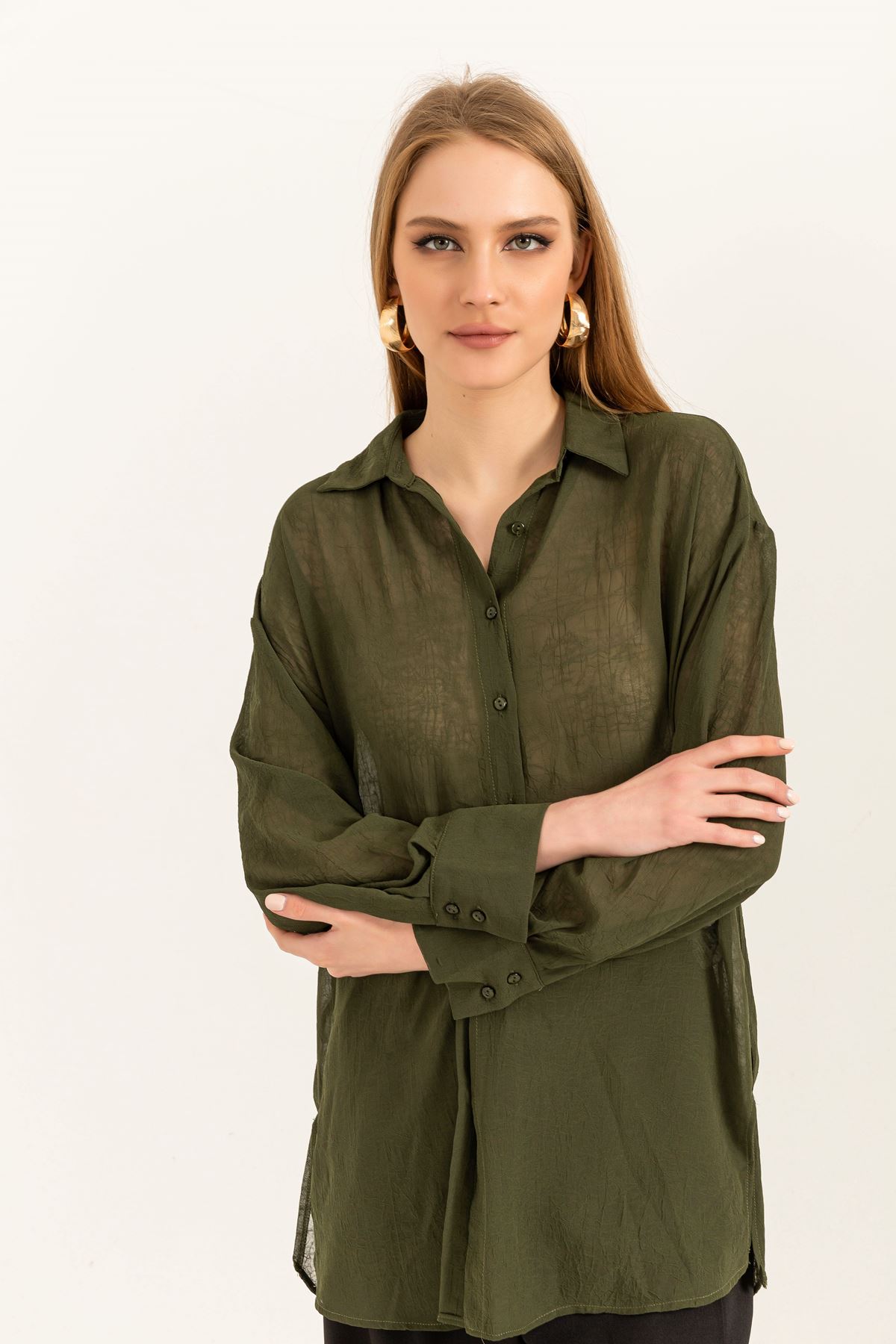 Chiffon Fabric Long Sleeve Oversize Women Shirt-Khaki 