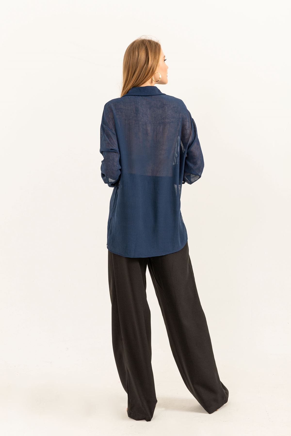 шифон ткань длинный рукав оверсайз женская рубашка-Темно синий