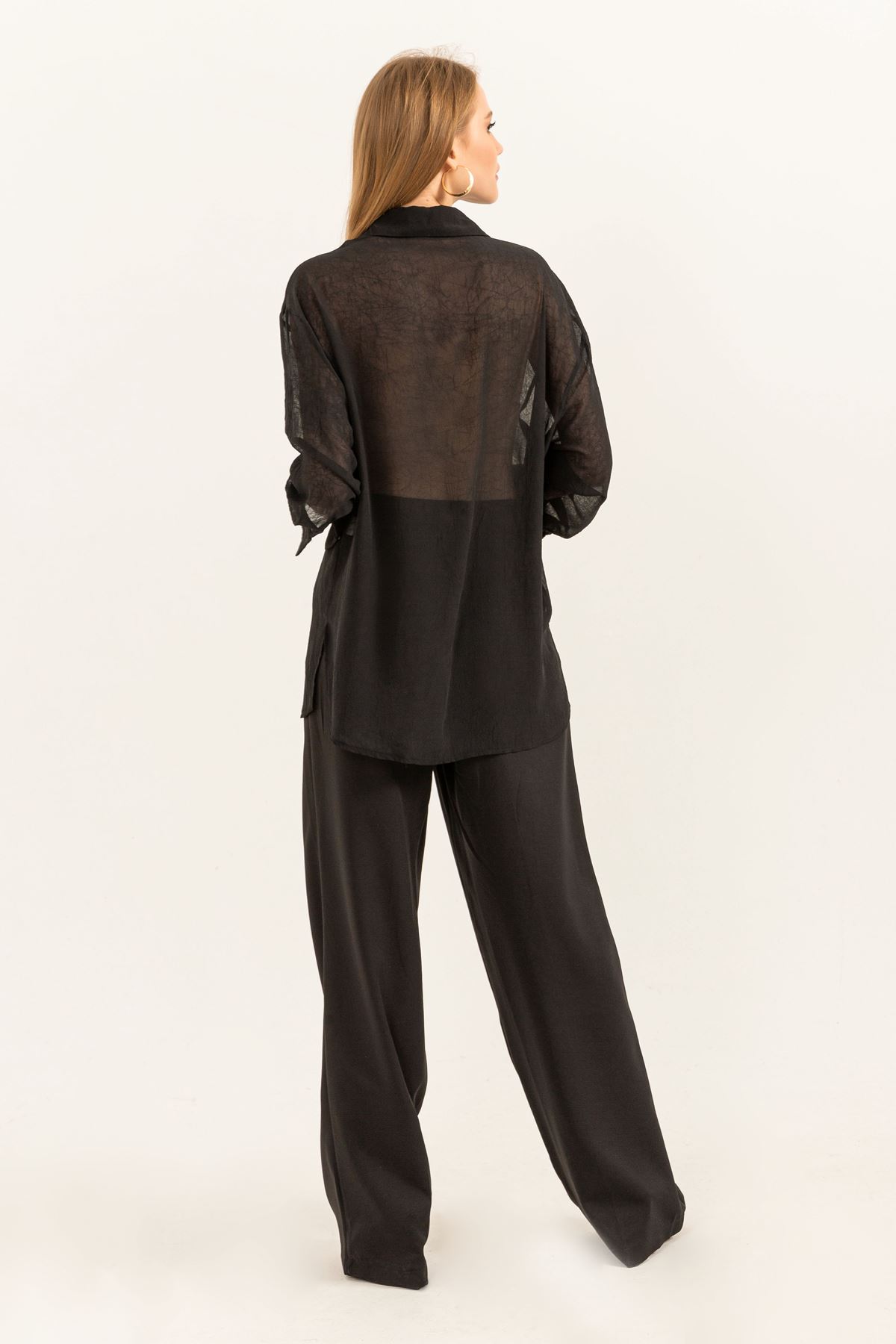 Chiffon Fabric Long Sleeve Oversize Women Shirt-Black