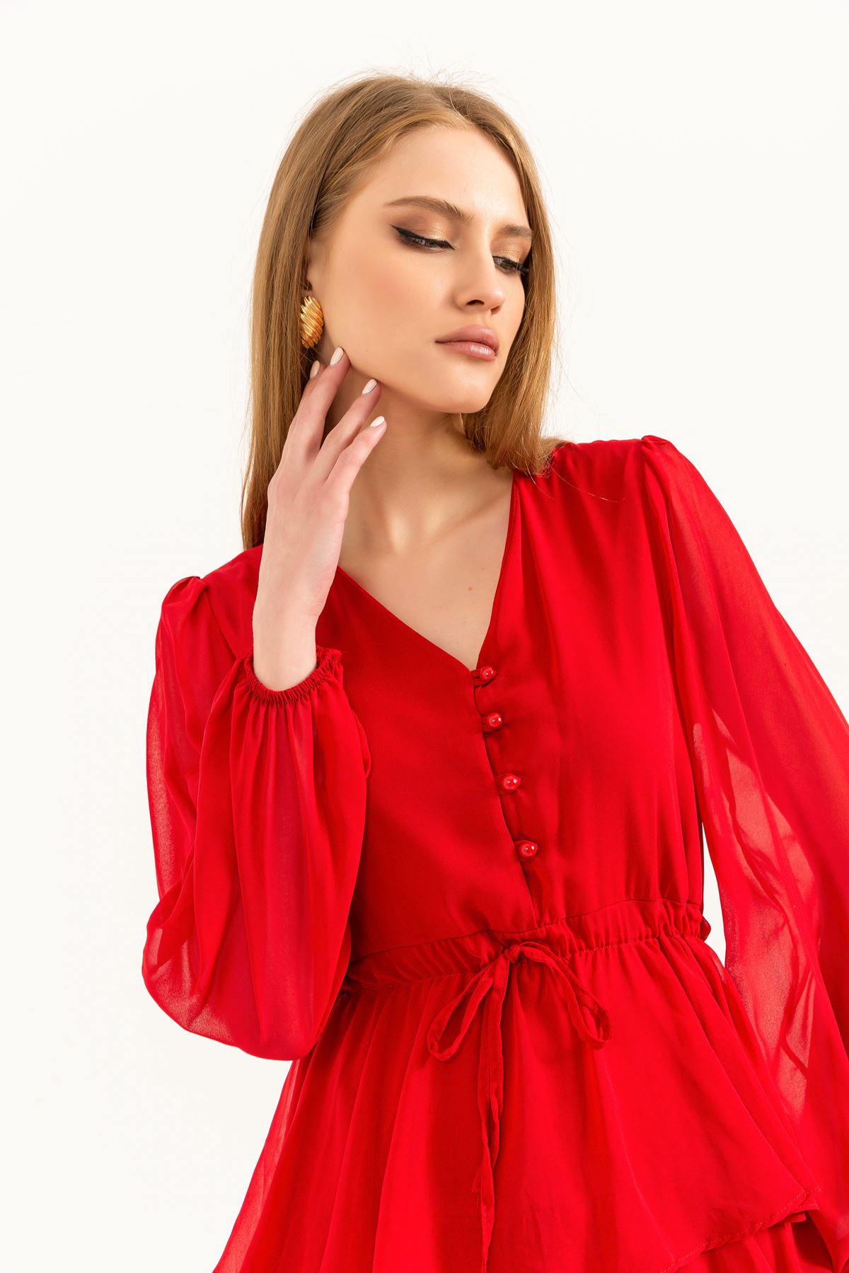 Chiffon Fabric Long Sleeve V Neck Women Dress-Red 
