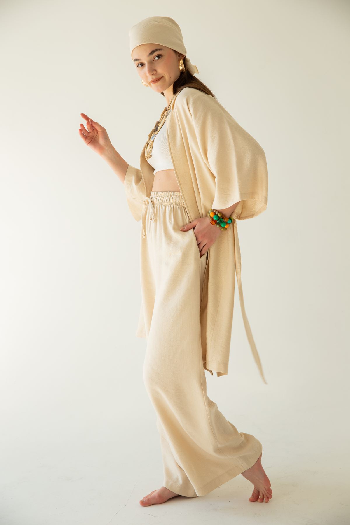 льняная ткань длинный рукав свободный покрой женский пиджак - Бежевый