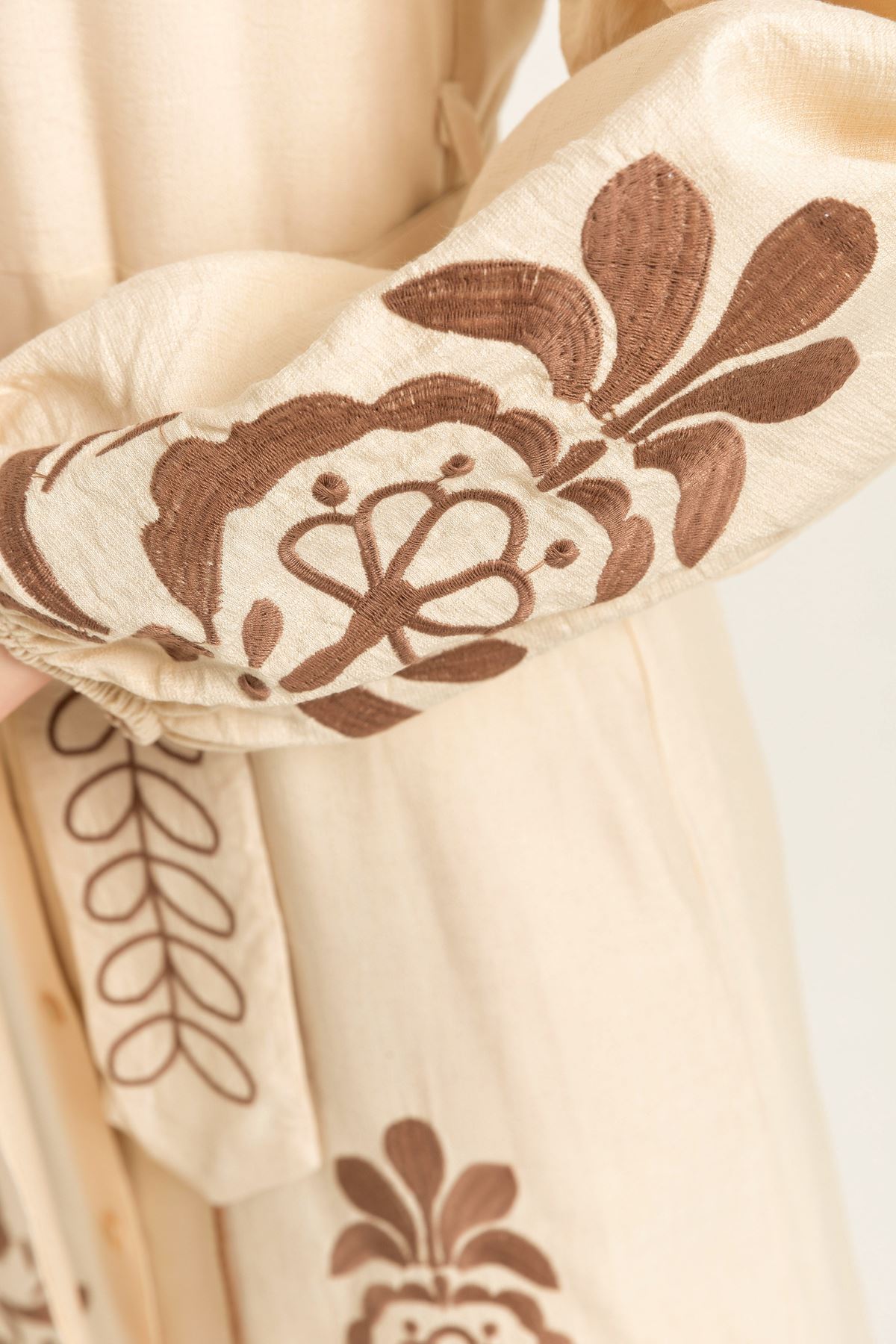 Linen Fabric Band Collar Embroidery Detailed Women Dress-Beige