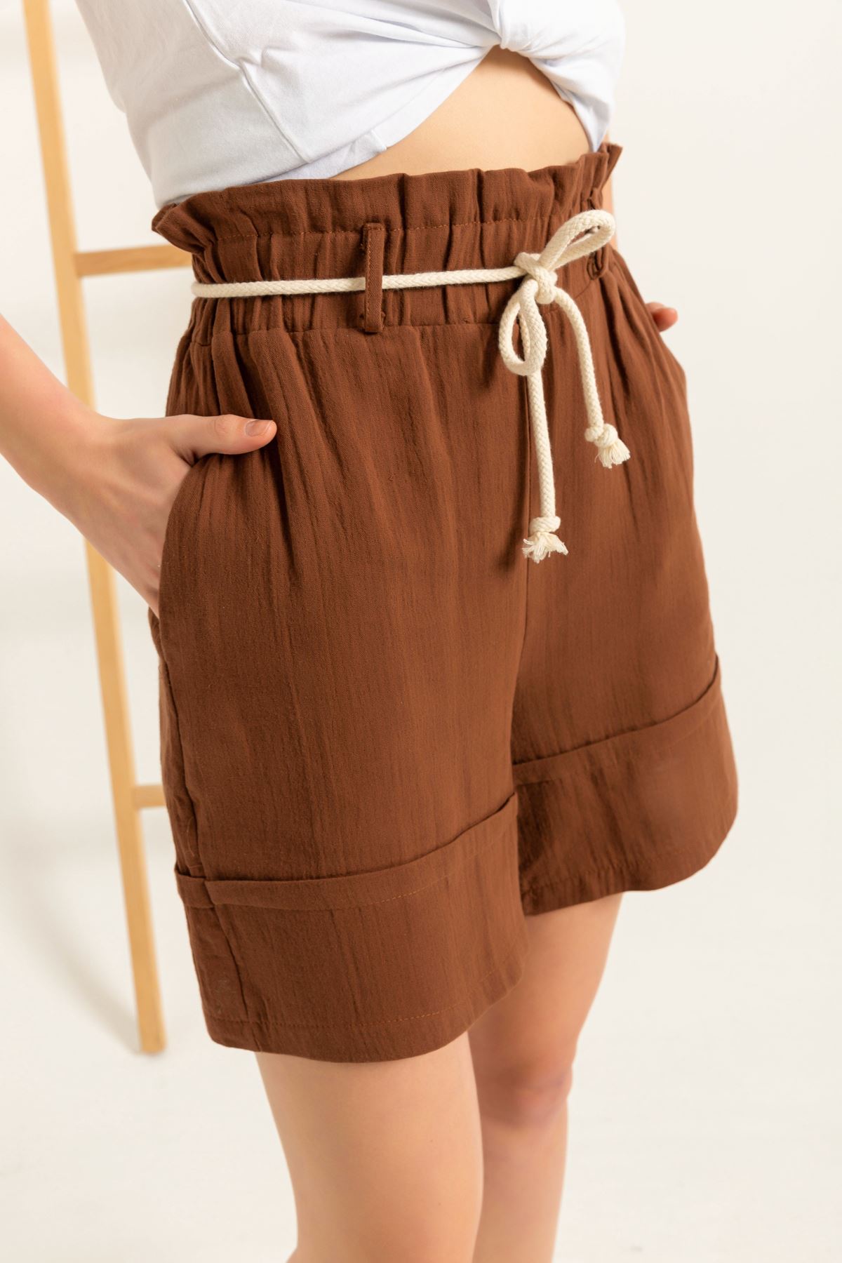 Muslin Fabric Short Comfy Women Shorts-Brown