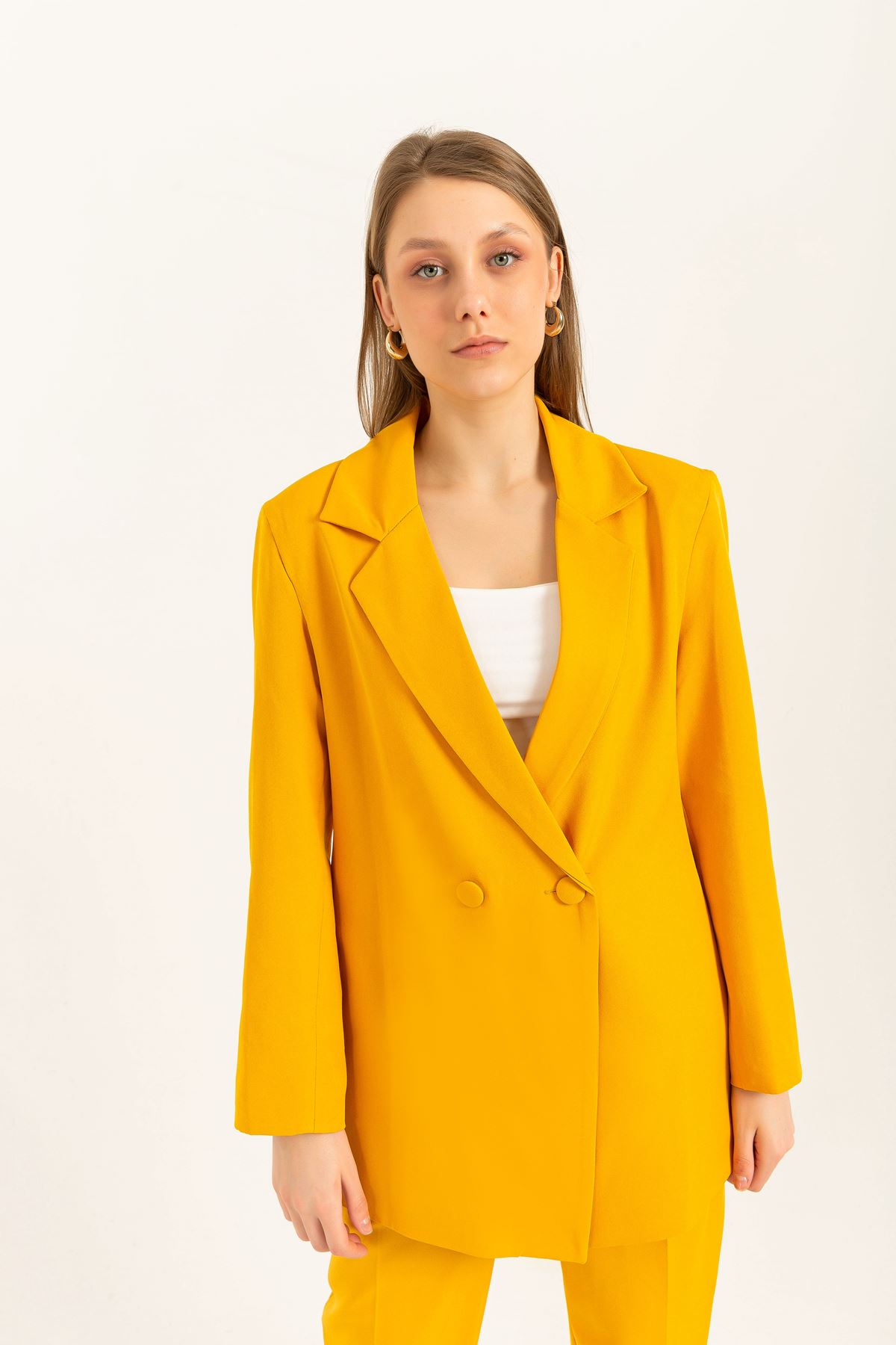 Atlas Fabric Long Sleeve Oversize Women Jacket-Mustard