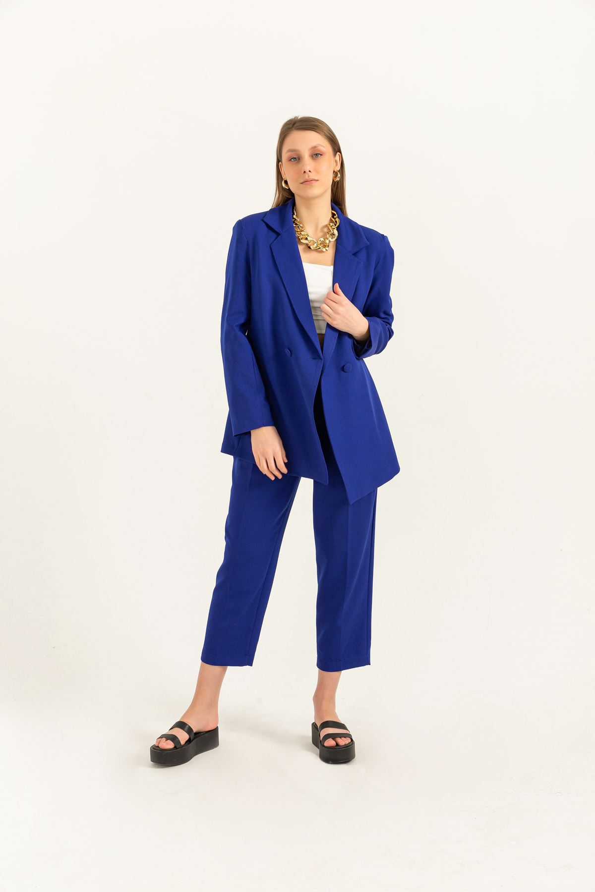 Atlas Fabric Long Sleeve Oversize Women Jacket-Royal