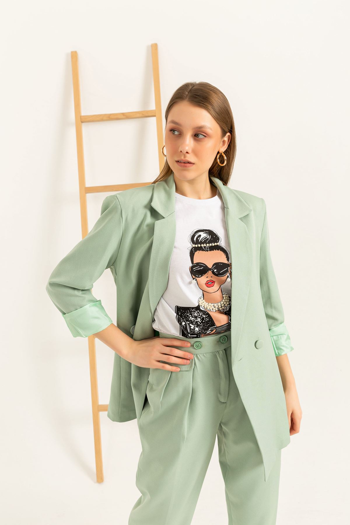 Atlas Fabric Long Sleeve Oversize Women Jacket-Mint