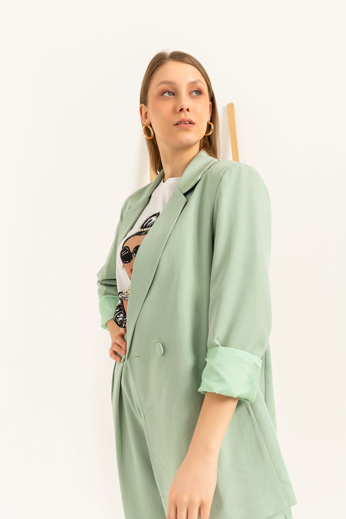 Atlas Fabric Long Sleeve Oversize Women Jacket-Mint