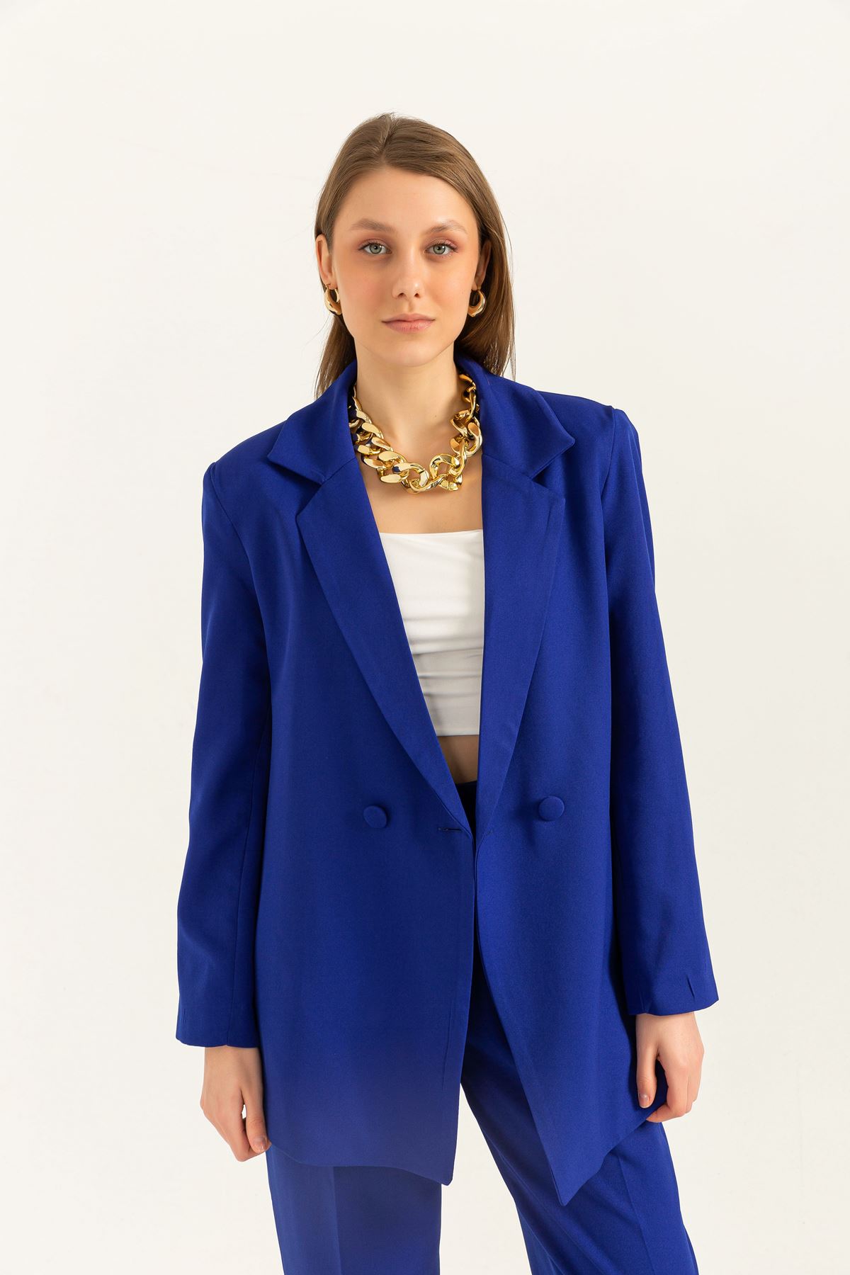 Atlas Fabric Long Sleeve Oversize Women Jacket-Royal