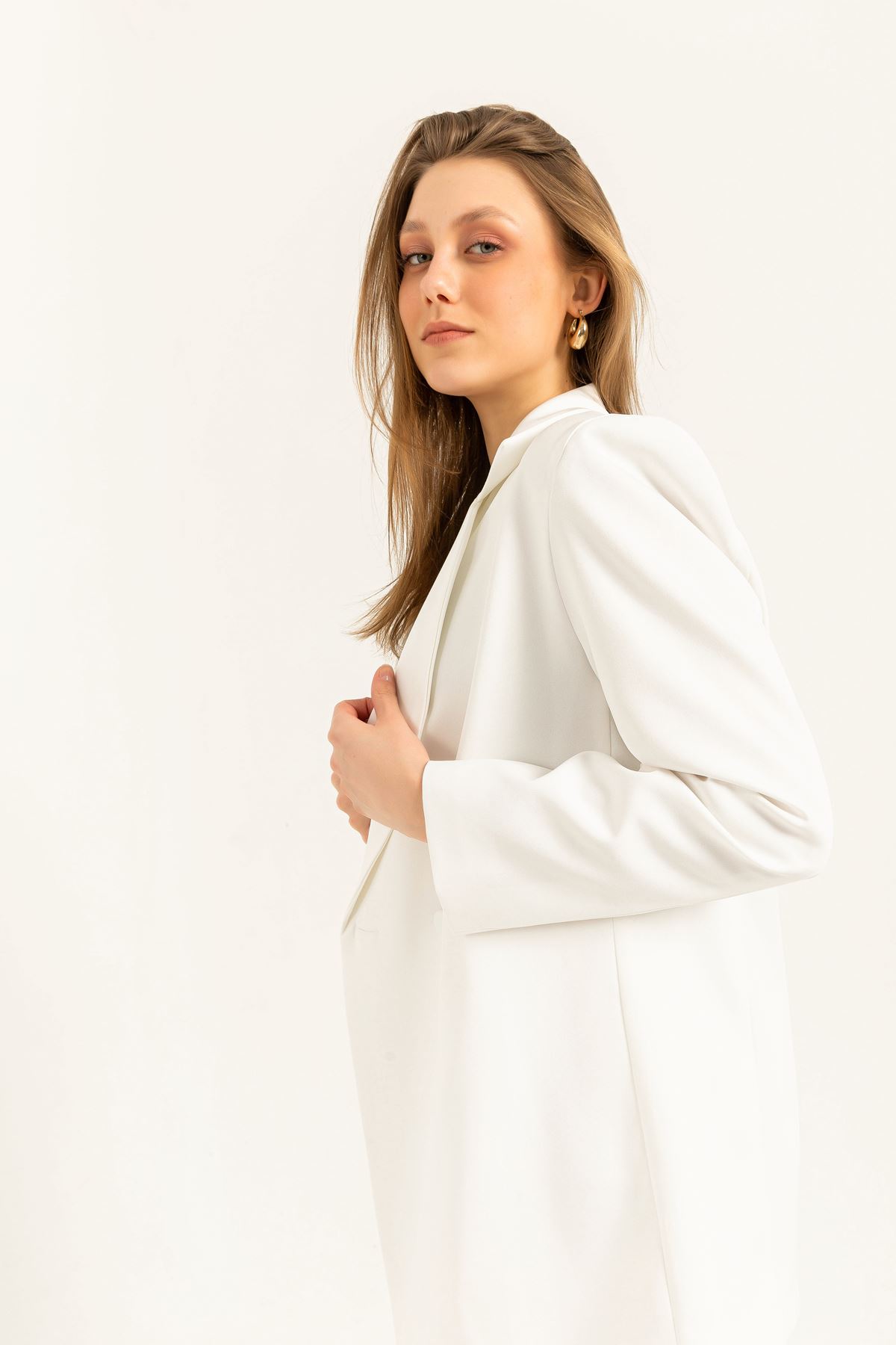 Atlas Fabric Long Sleeve Oversize Women Jacket-Ecru