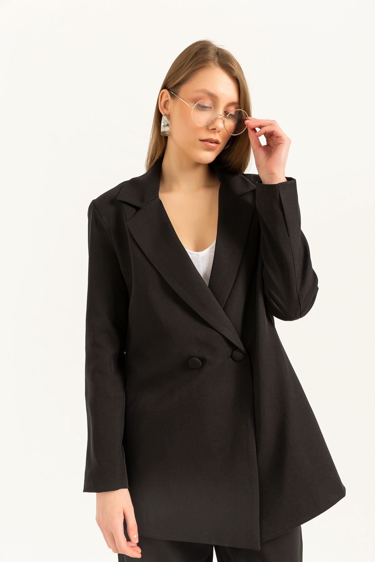  جاكيت نسائي قماش أطلس  طويل الأكمام كبيرة الحجم / فضفاضة-اسود