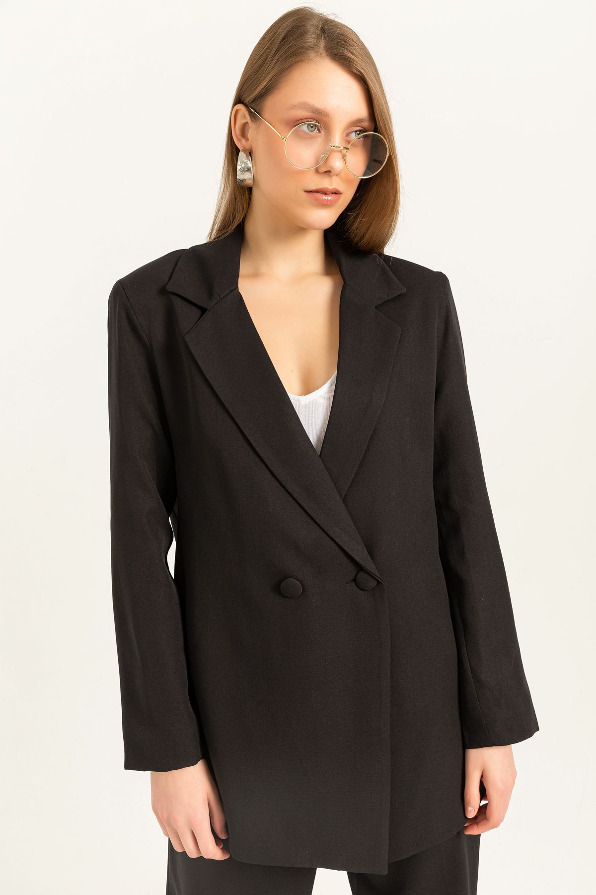  جاكيت نسائي قماش أطلس  طويل الأكمام كبيرة الحجم / فضفاضة-اسود