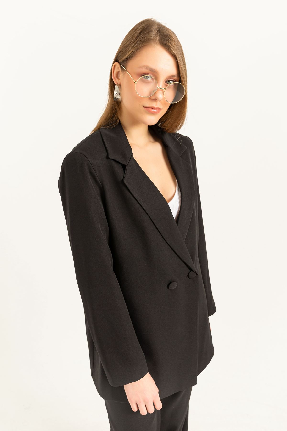  جاكيت نسائي قماش أطلس  طويل الأكمام كبيرة الحجم / فضفاضة-اسود