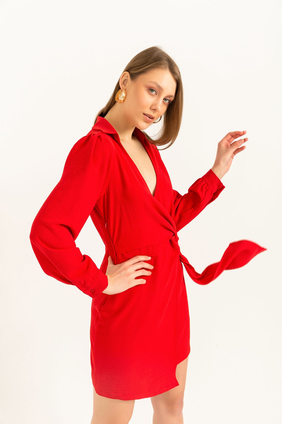 импорт аэробин ткань длинный рукав V-образный вырез женское платье с поясом -Kрасный