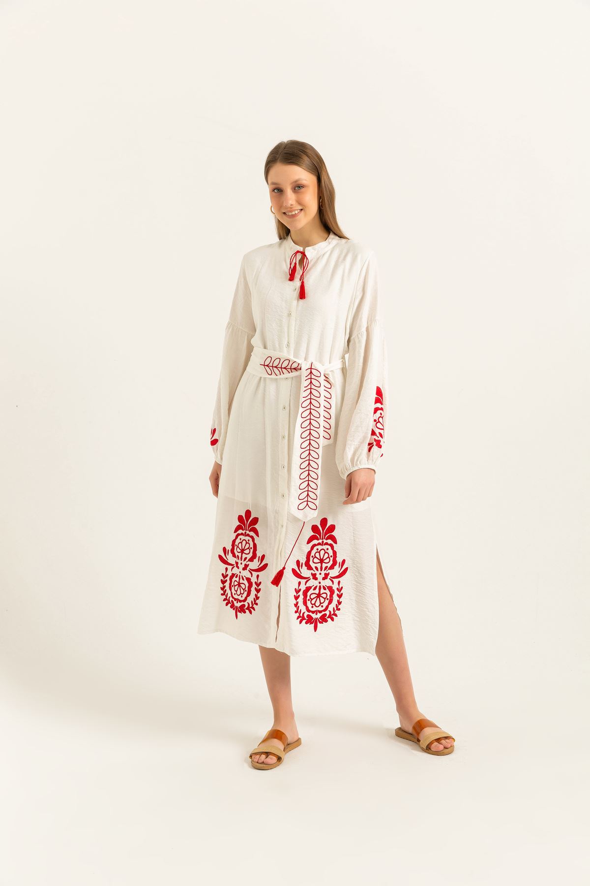 Linen Fabric Band Collar Embroidery detailed Long Midi Dress-Ecru