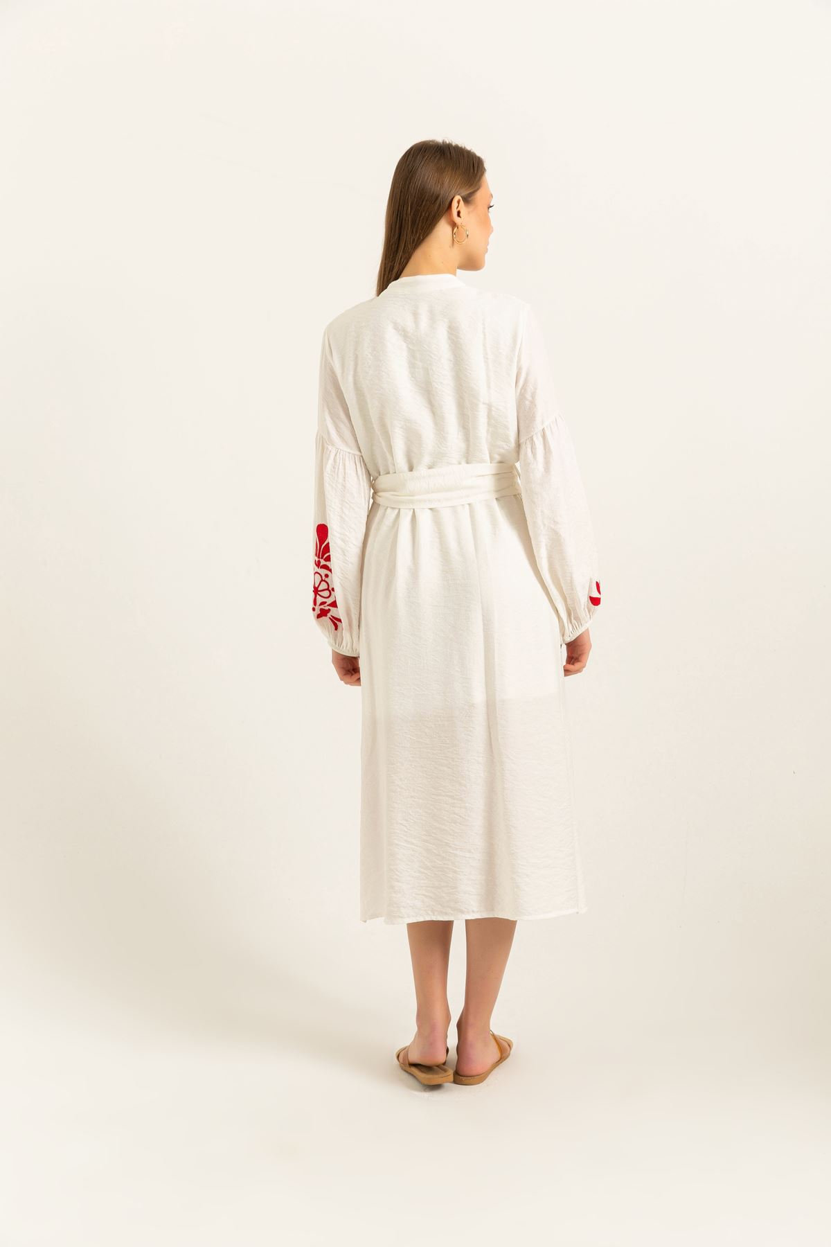 льняная ткань стойка воротник женское платье с узорами-Молочный