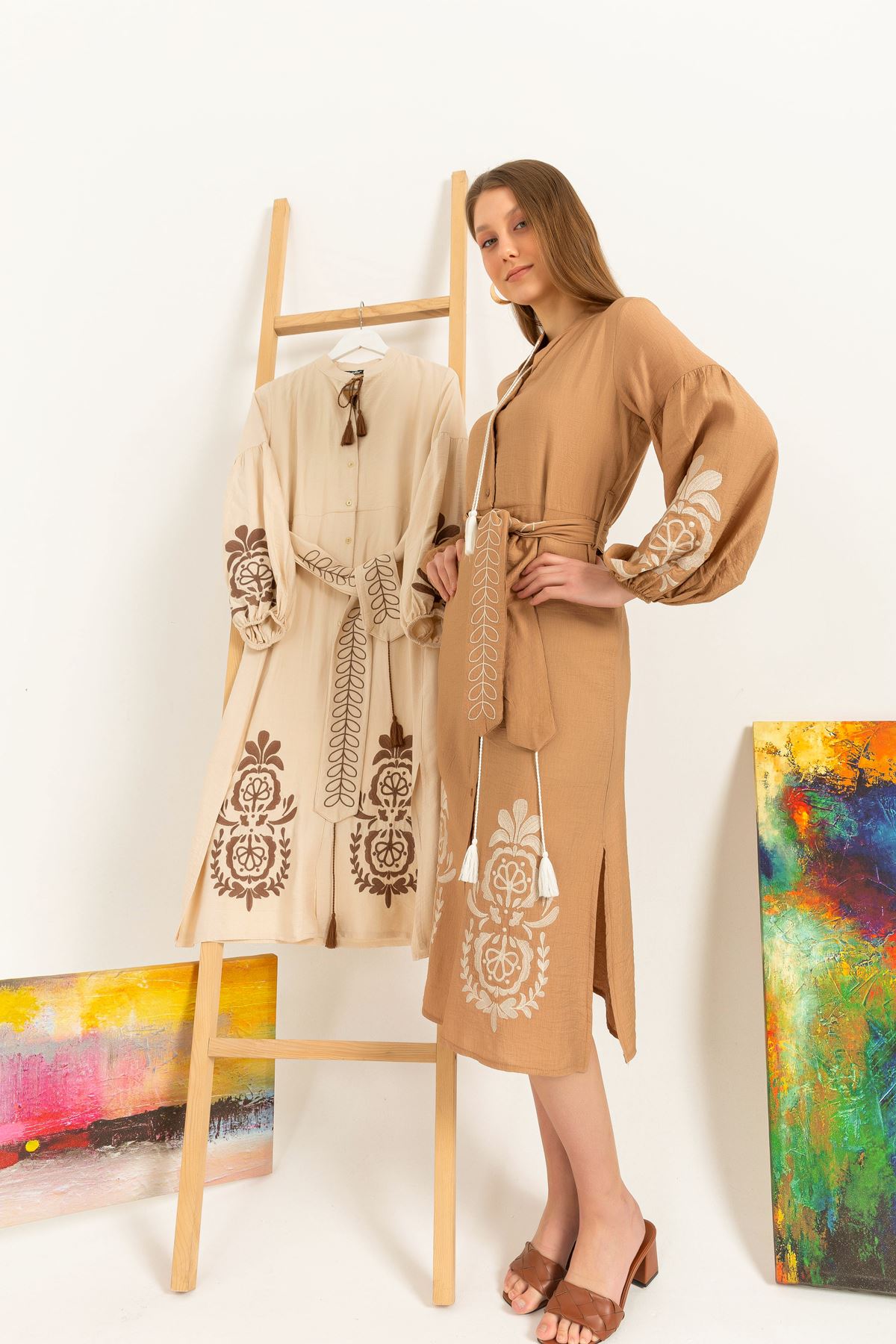 Linen Fabric Band Collar Embroidery detailed Long Midi Dress-Light Brown