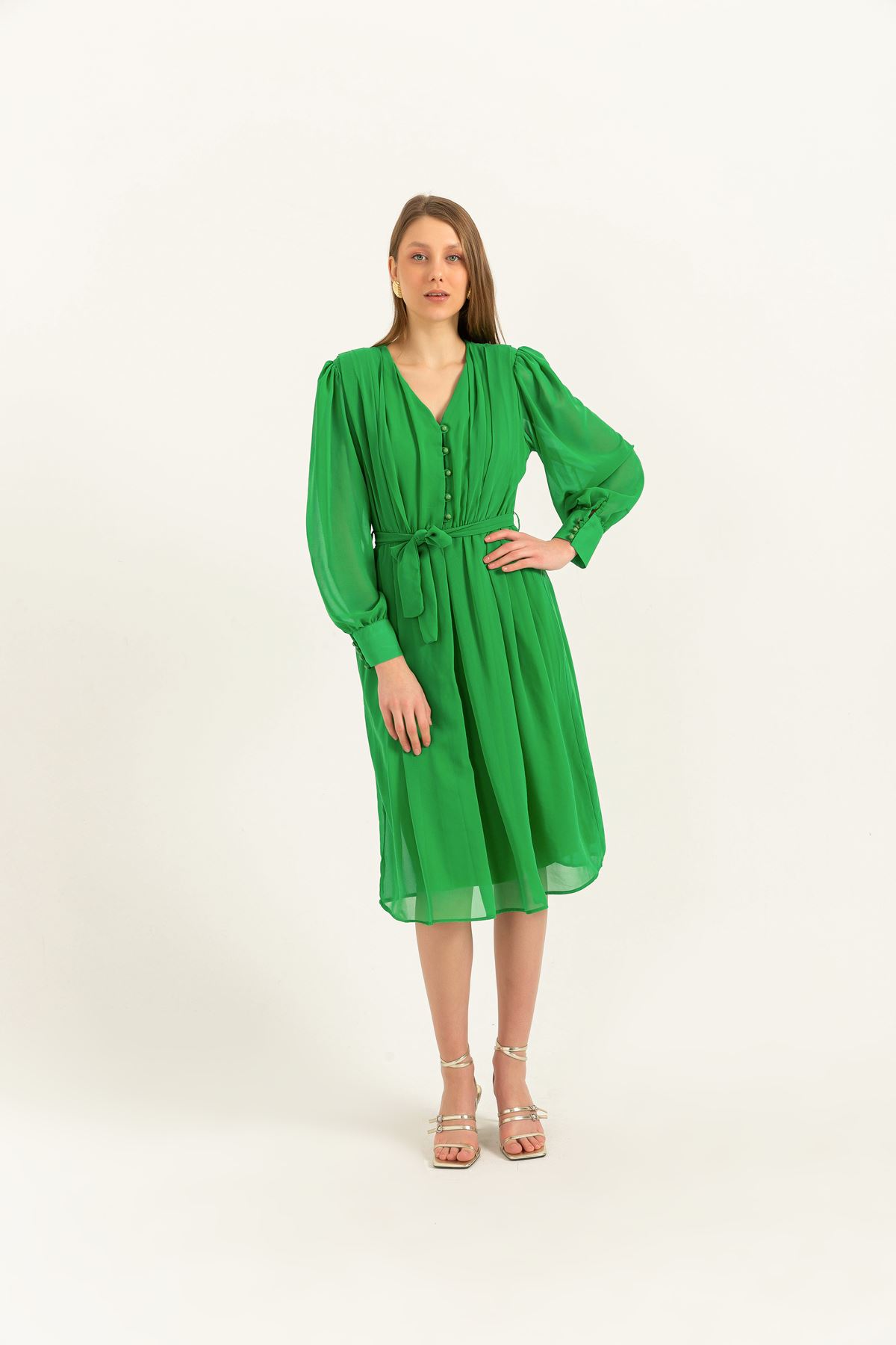 Şifon Kumaş Uzun Kollu Diz Altı Boy A Kesim Piliseli Kadın Elbise-Yeşil