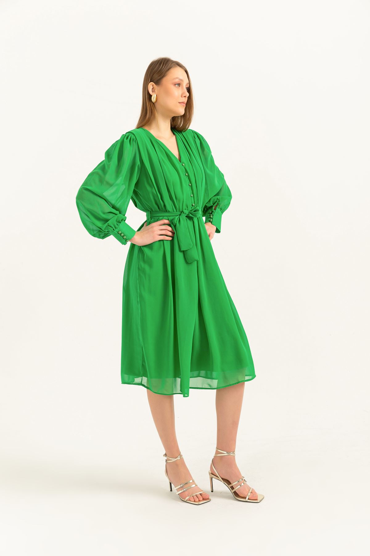 Şifon Kumaş Uzun Kollu Diz Altı Boy A Kesim Piliseli Kadın Elbise-Yeşil