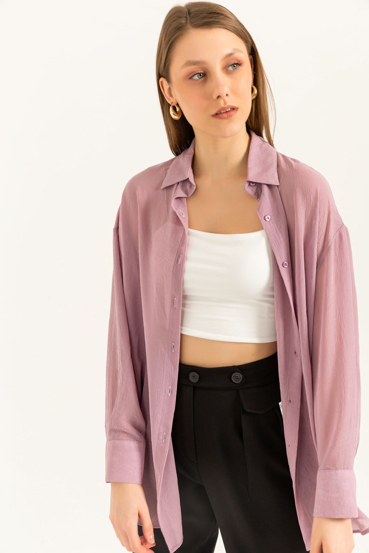 Chiffon Fabric Long Sleeve Oversize Women Shirt-Lilac