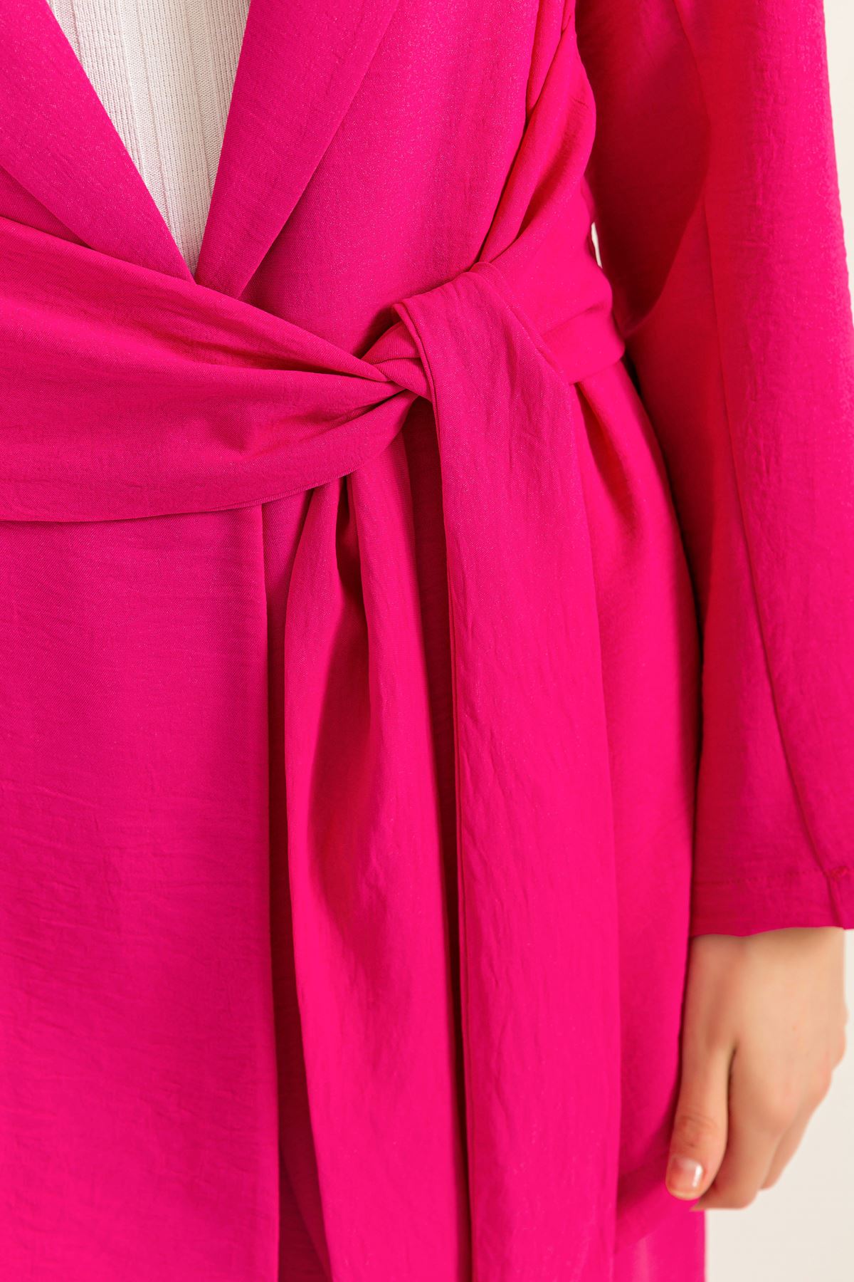 аэробин ткань длинный рукав свободный покрой женский пиджак на завязках-фуксия