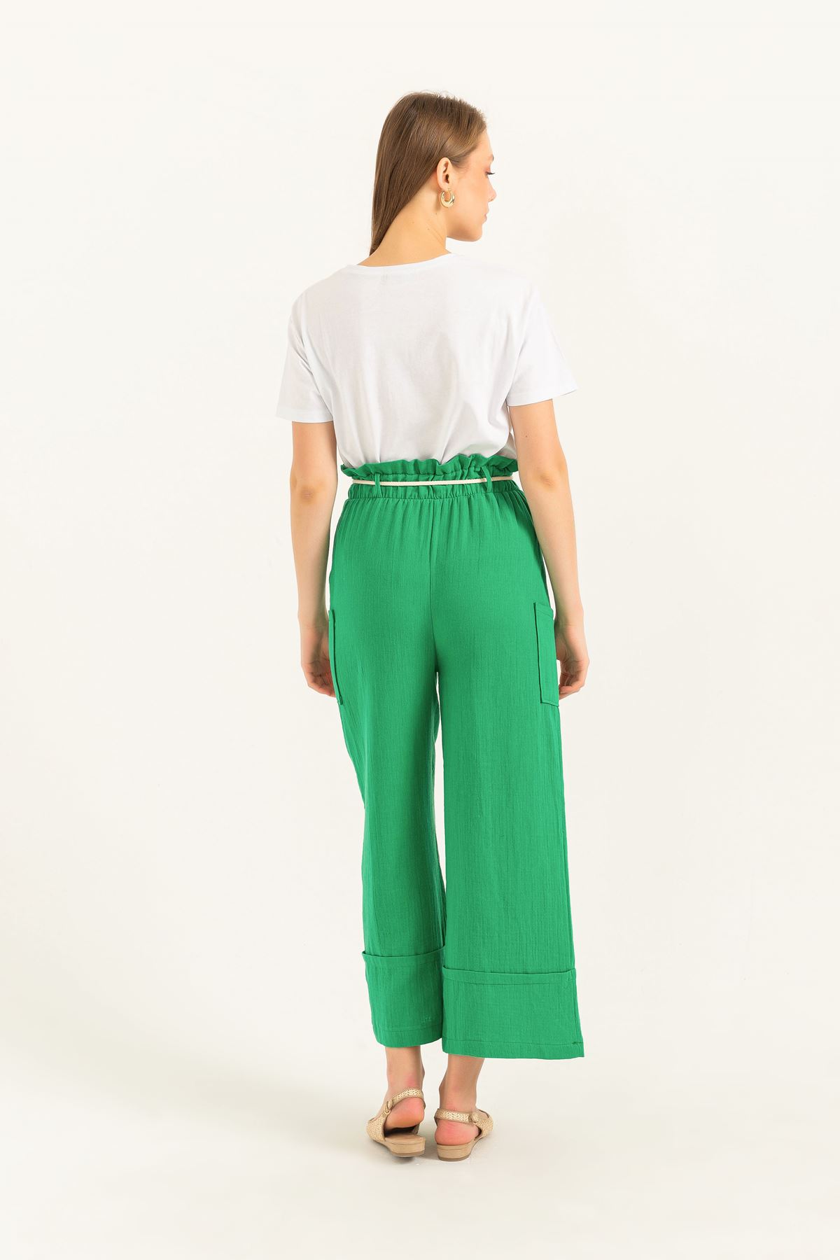 Müslin Kumaş Rahat Kalıp İki Cepli Salaş Kadın Pantolon-Yeşil