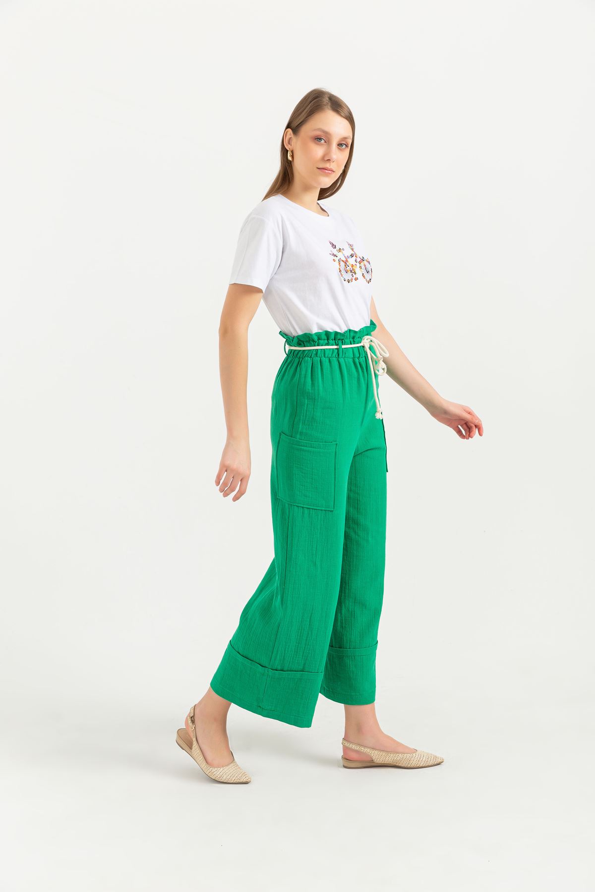 Müslin Kumaş Rahat Kalıp İki Cepli Salaş Kadın Pantolon-Yeşil