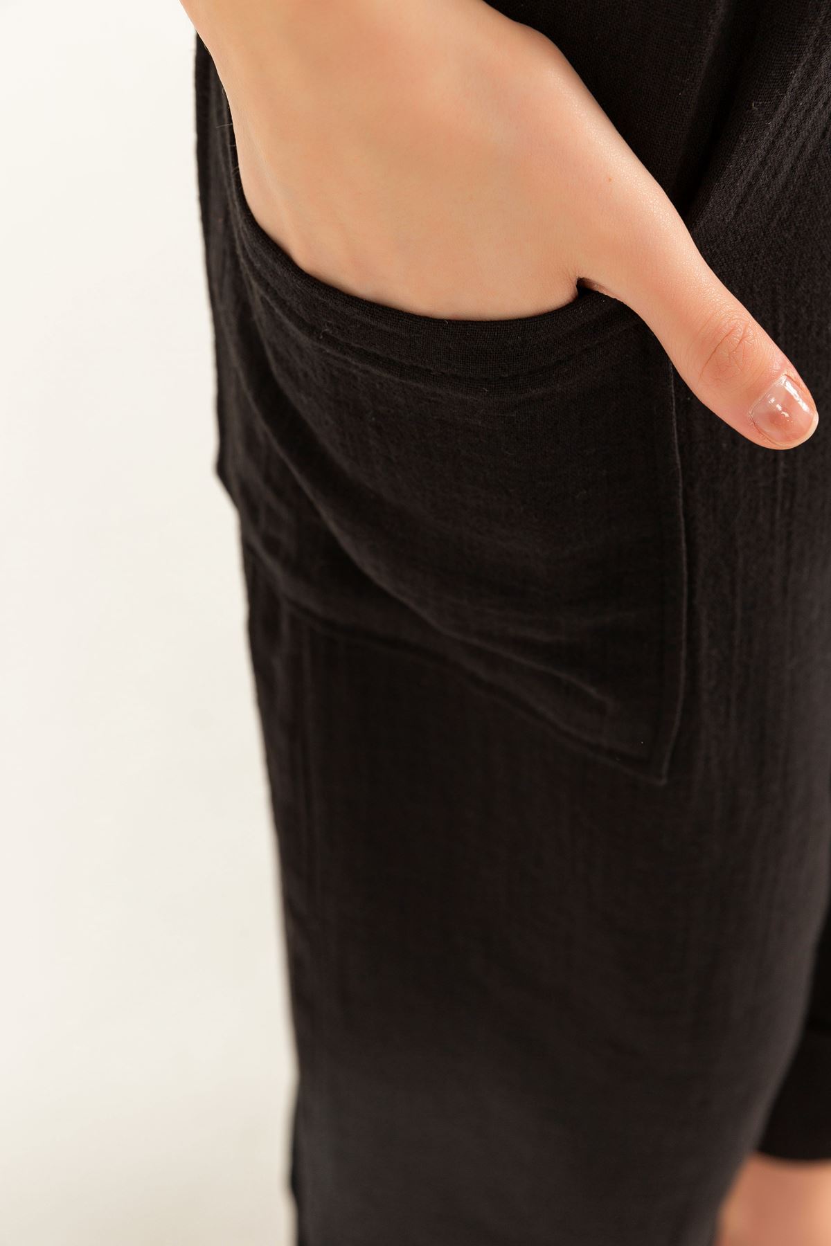 Müslin Kumaş Rahat Kalıp İki Cepli Salaş Kadın Pantolon-Siyah