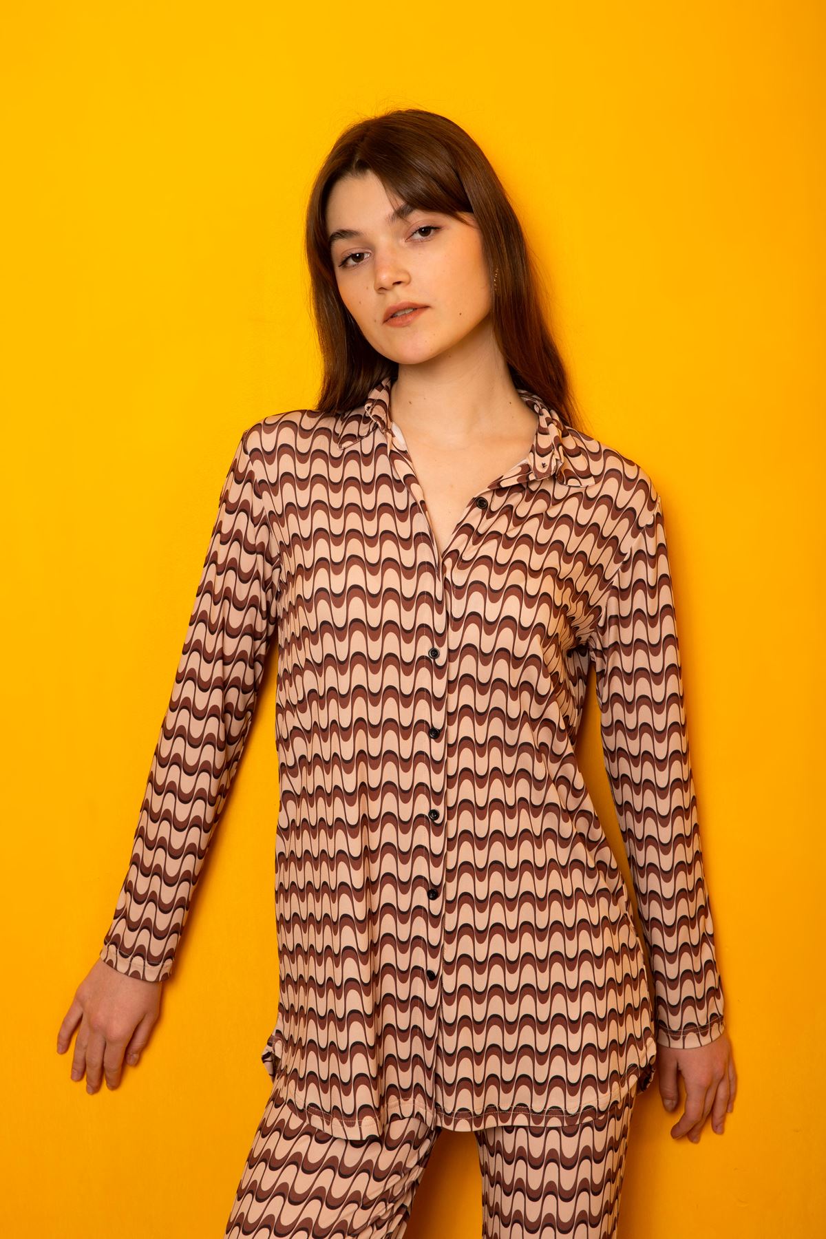 Sandy Fabric Comfy Geometric Pattern Women Shirt-Beige