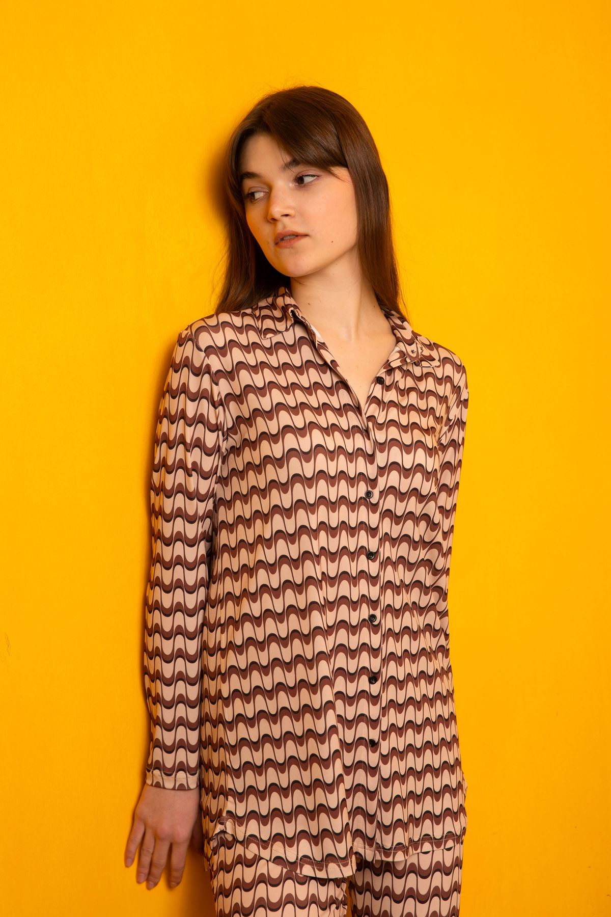 Sandy Fabric Comfy Geometric Pattern Women Shirt-Beige