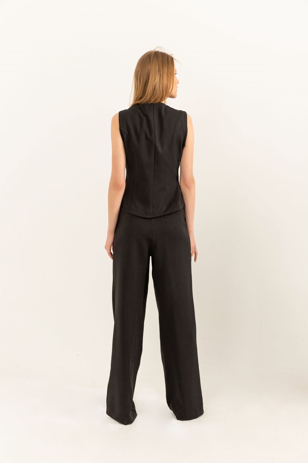 Atlas Fabric V Neck Short Pocket detailed Women Button Vest-Black