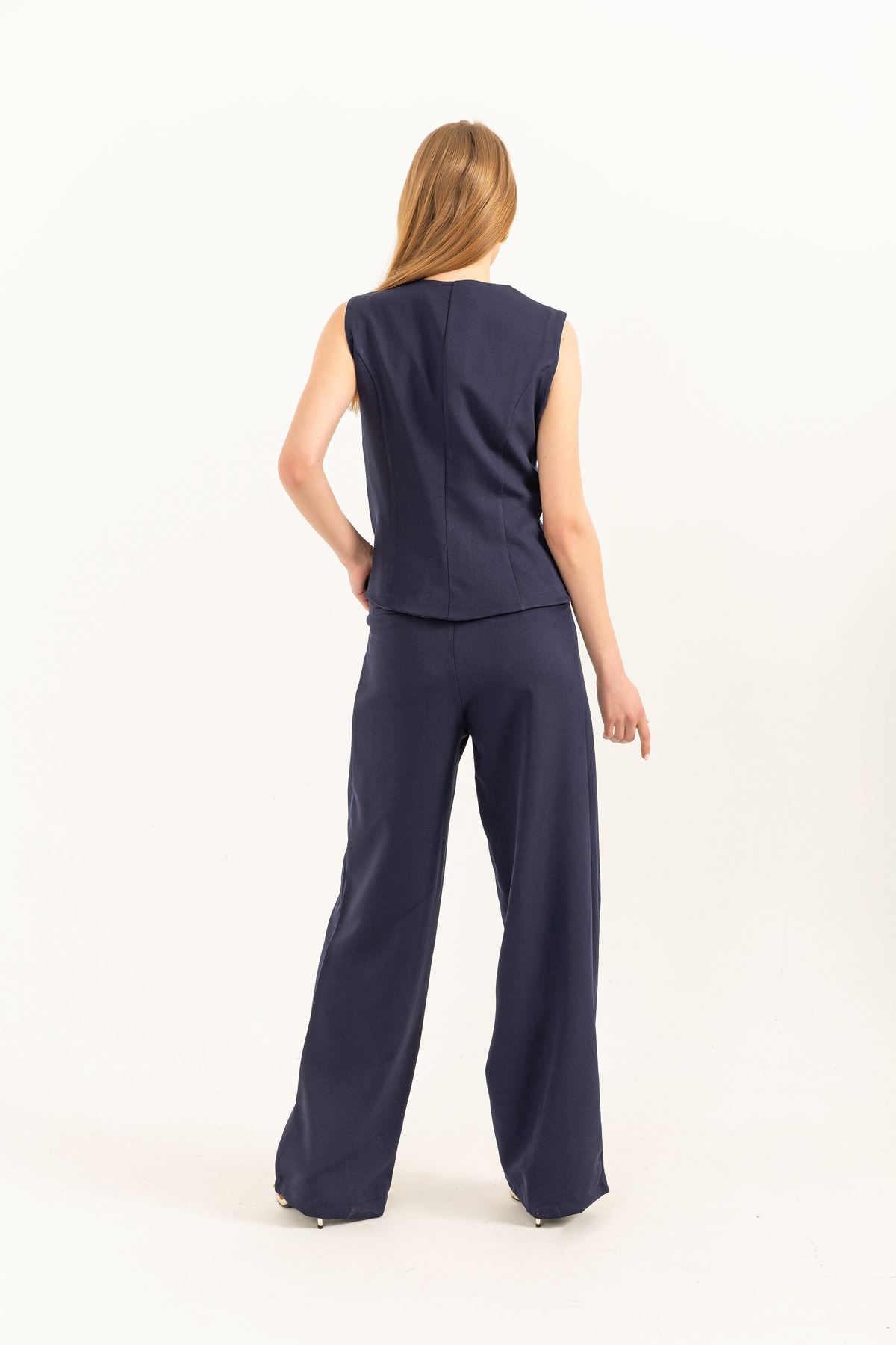 Atlas Fabric V Neck Short Pocket detailed Women Button Vest-Navy
