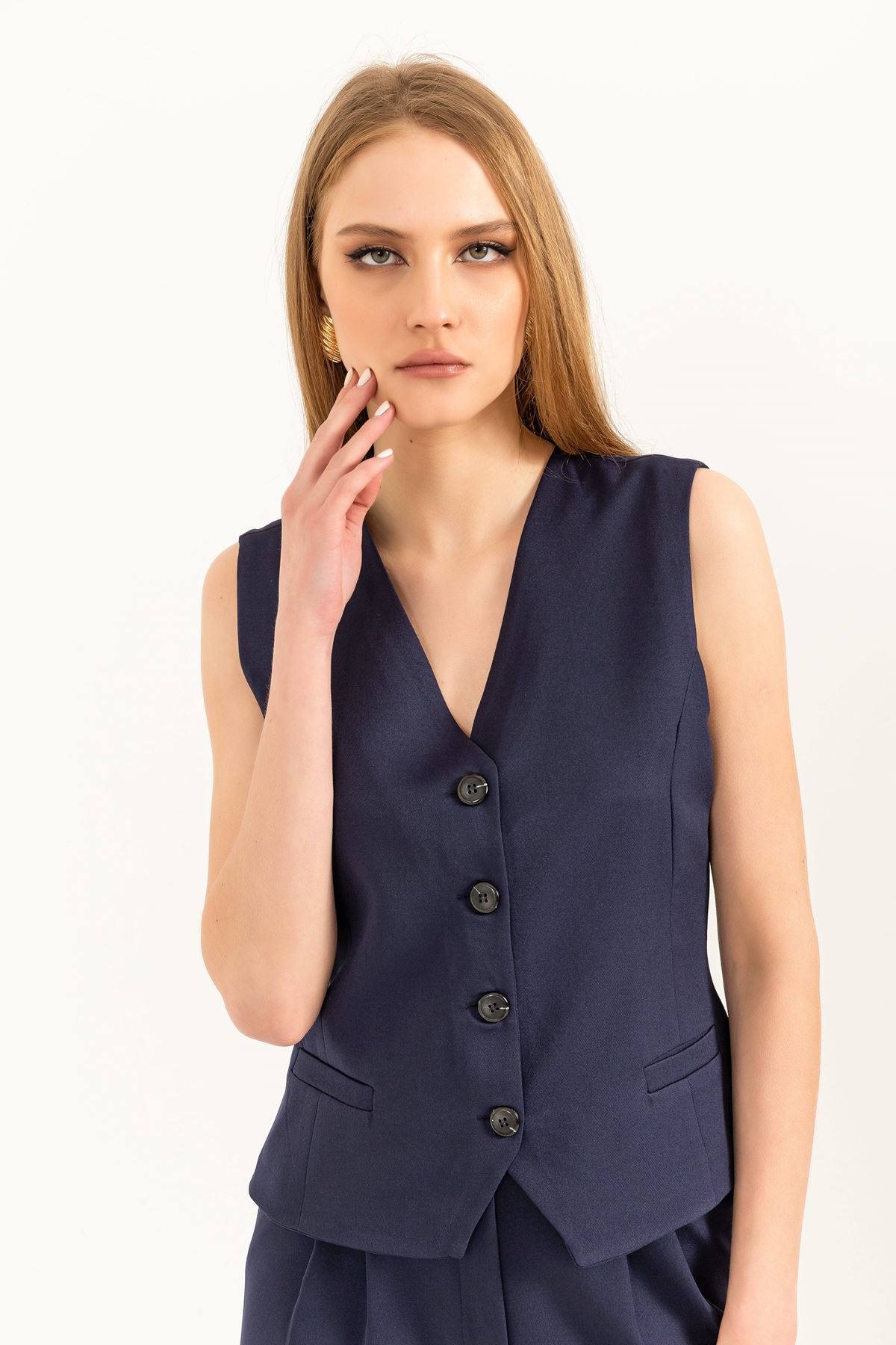 Atlas Fabric V Neck Short Pocket detailed Women Button Vest-Navy