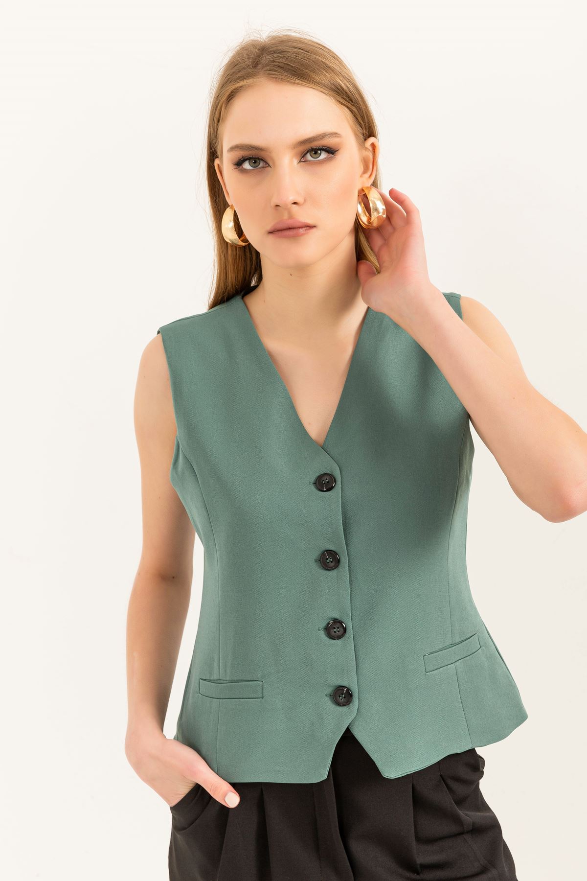 Atlas Fabric V Neck Short Pocket detailed Women Button Vest-Mustard Green