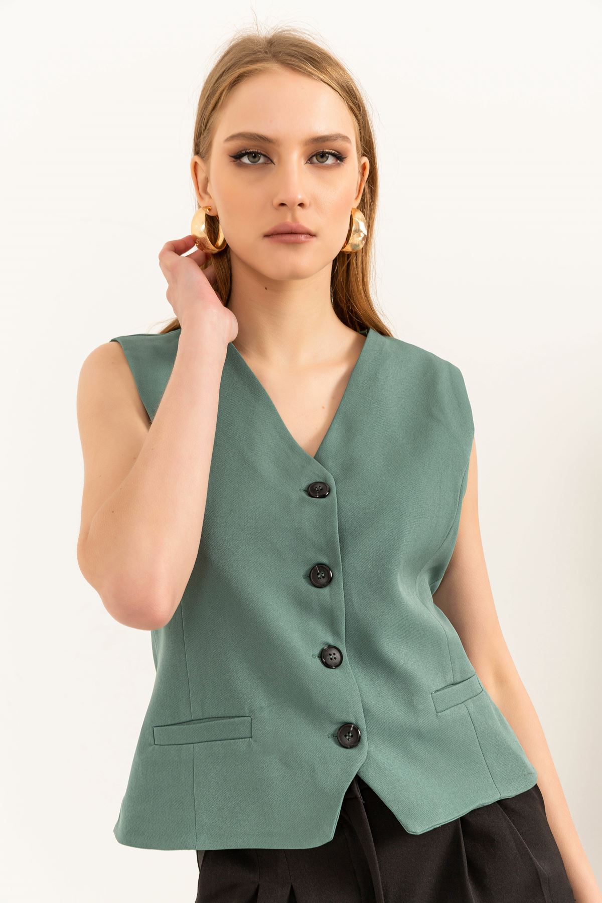 Atlas Fabric V Neck Short Pocket detailed Women Button Vest-Mustard Green