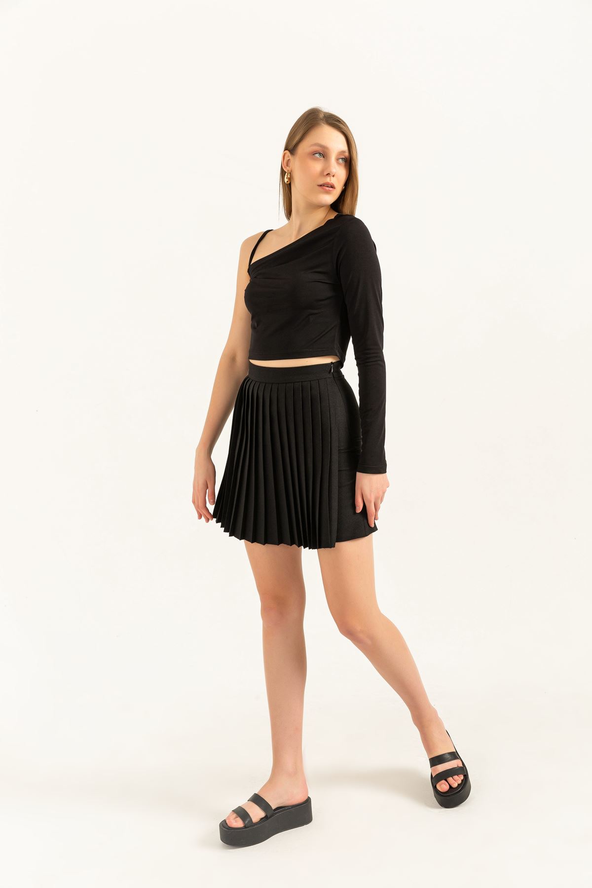 Sandy Fabric Long Sleeve Shoulder detailed Women Blouse-Black