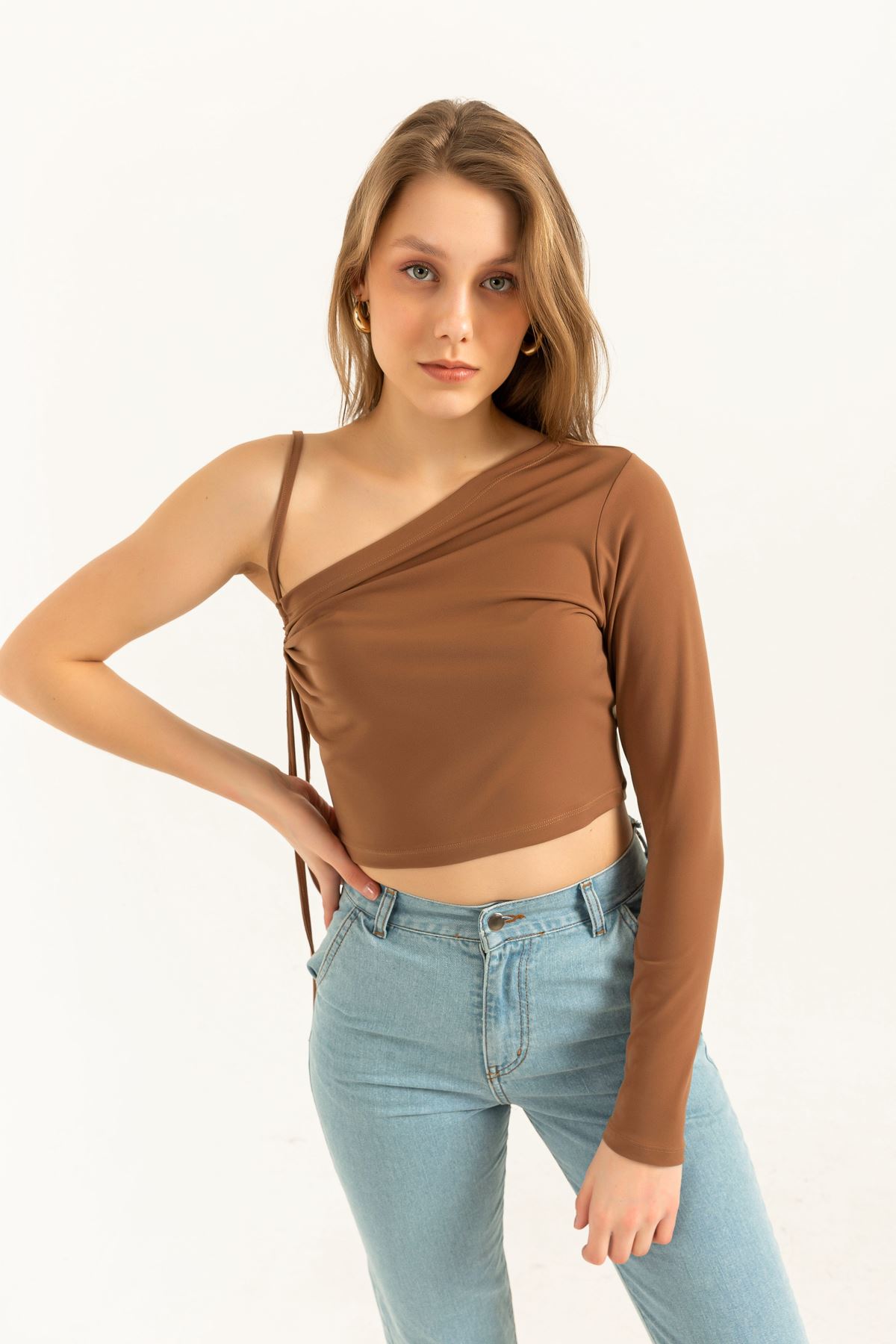 Sandy Fabric Long Sleeve Shoulder detailed Women Blouse-Brown