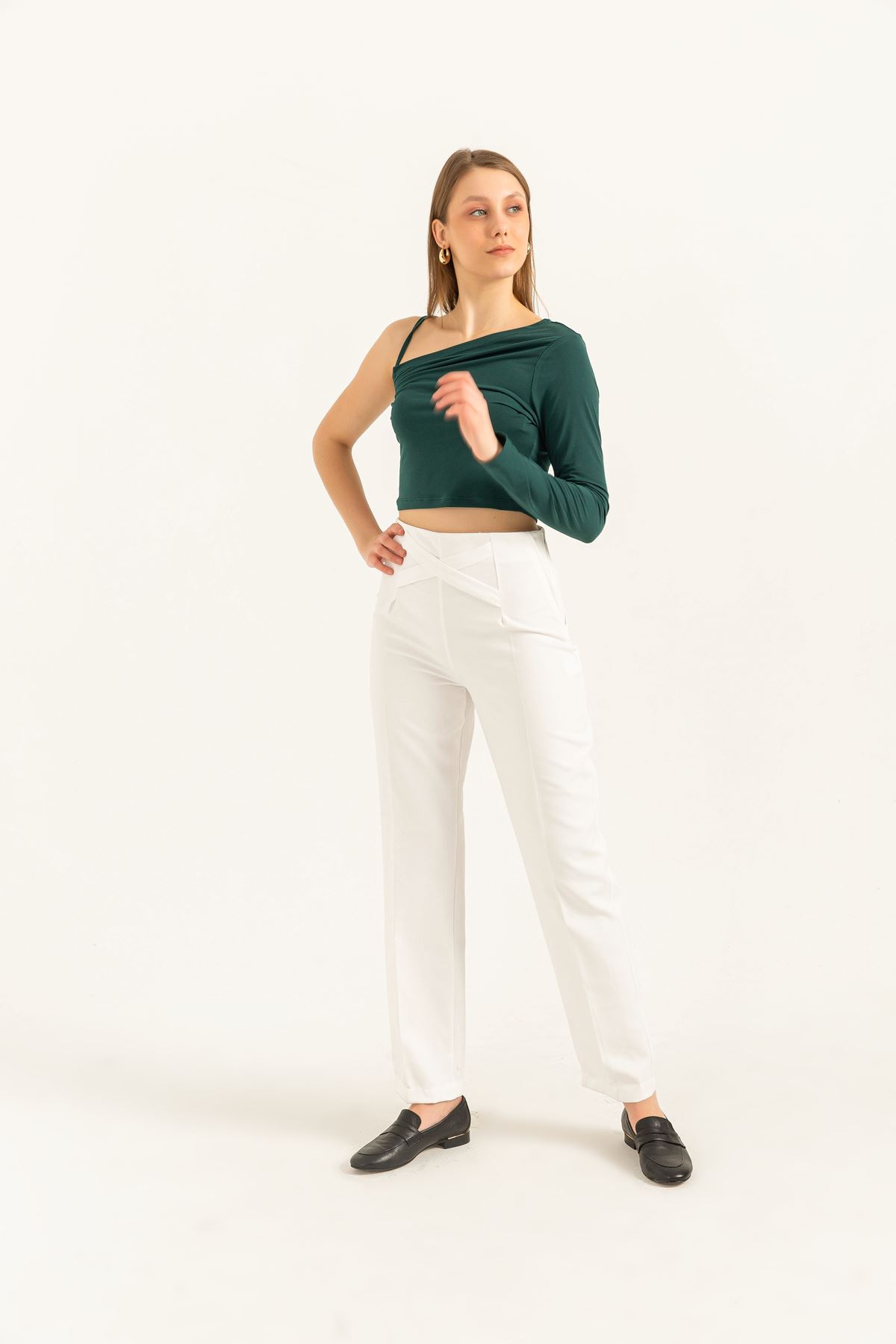 Sandy Fabric Long Sleeve Shoulder detailed Women Blouse-Emerald Green