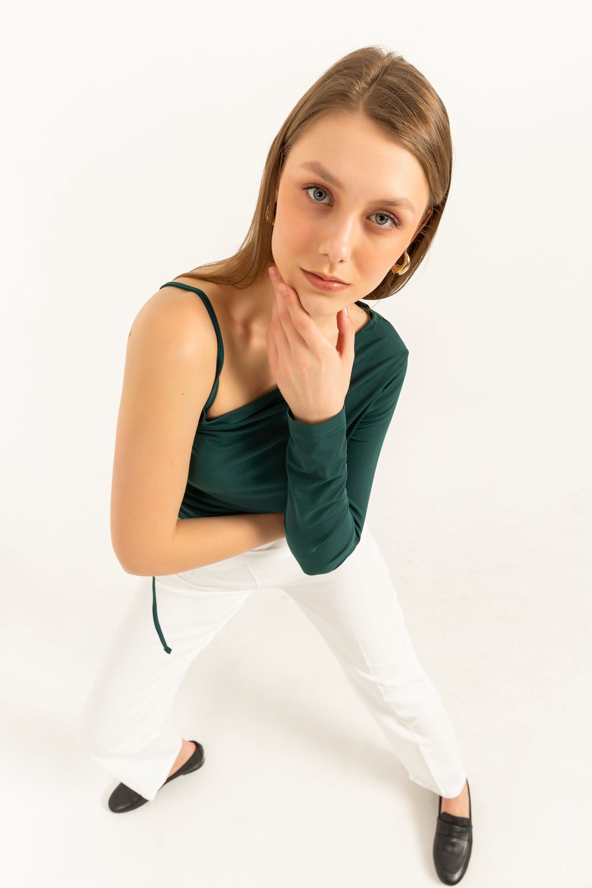 Sandy Fabric Long Sleeve Shoulder detailed Women Blouse-Emerald Green