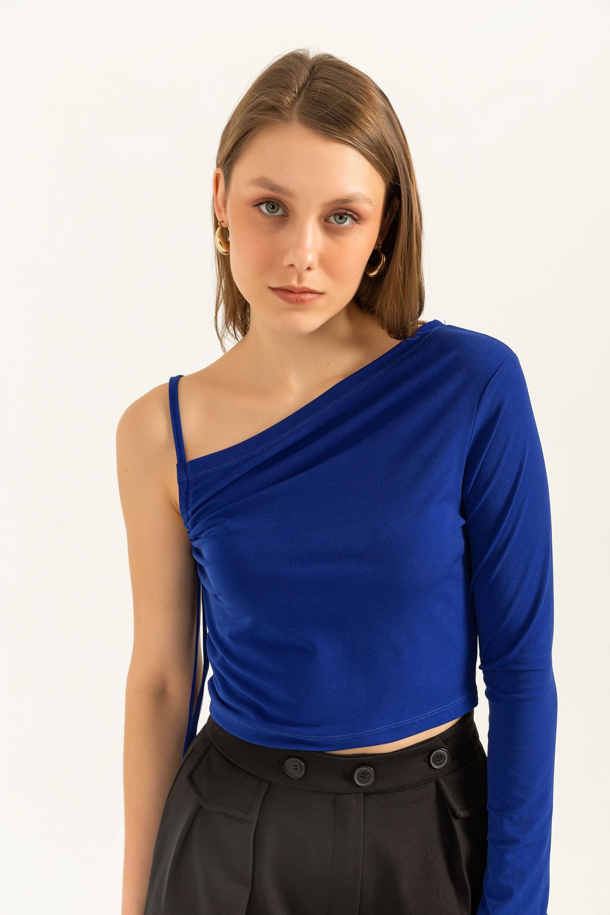 Sandy Fabric Long Sleeve Shoulder detailed Women Blouse-Royal