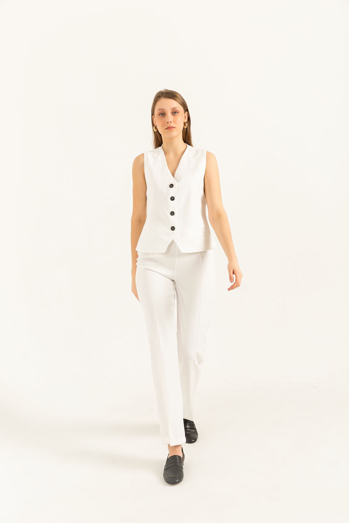 Atlas Fabric V Neck Short Pocket detailed Women Button Vest-Ecru